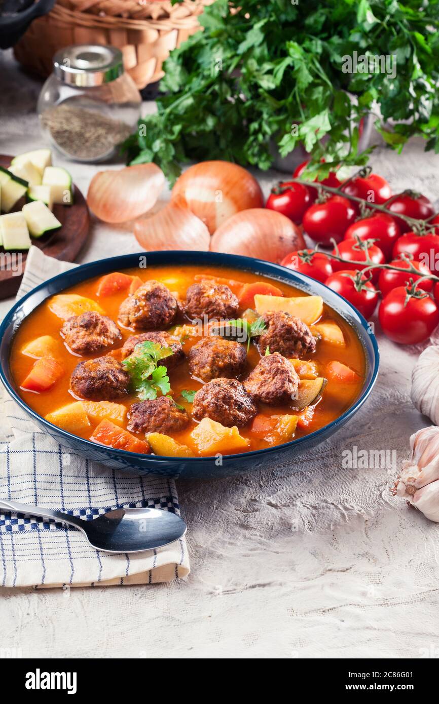 Albondigas tomato soup with meatballs and vegetables. Spanish and