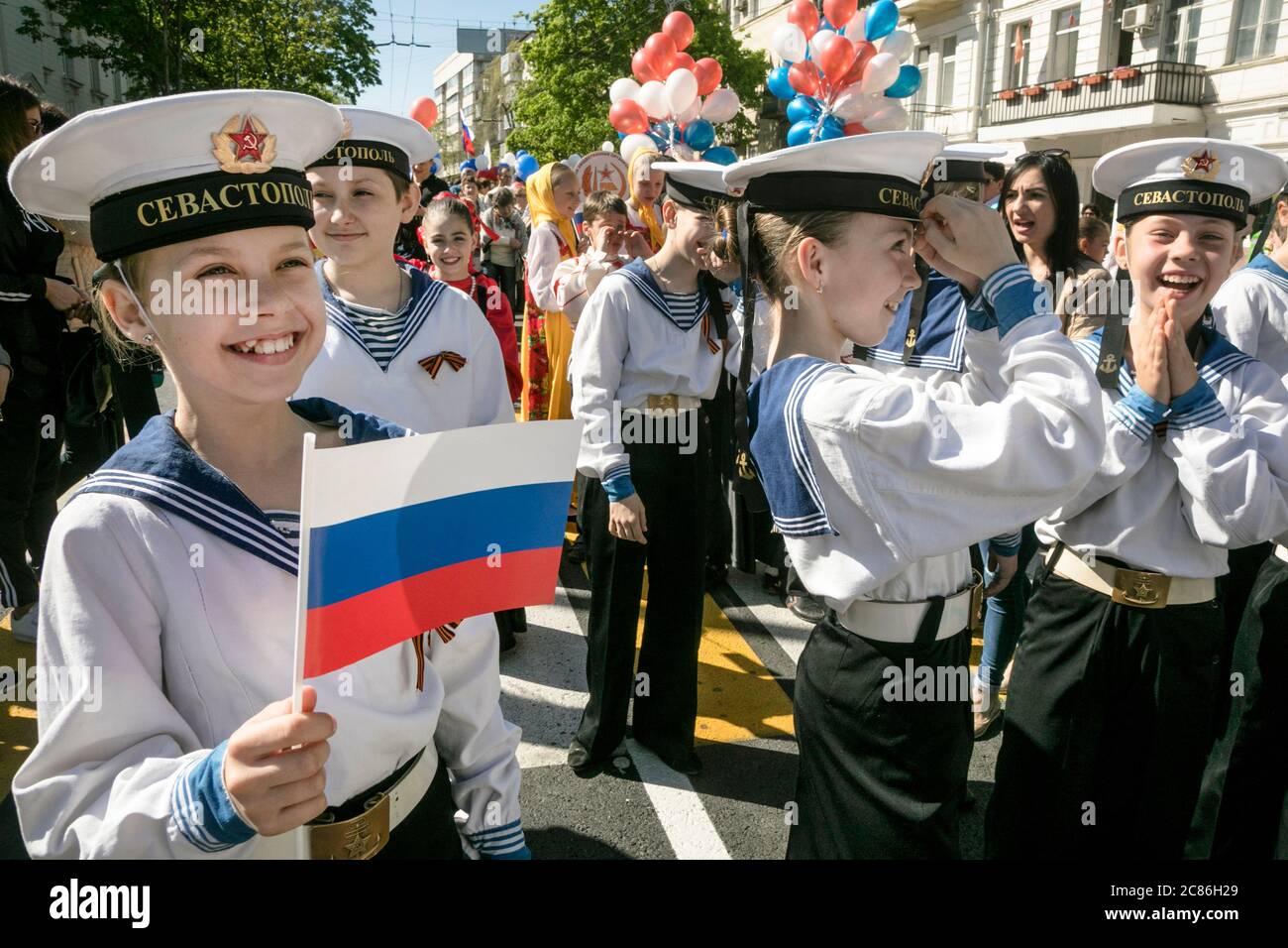 Sevastopol, Crimea, 1st of May, 2017 Participants of the May Day march in the uniform of soviet sailors to mark the International Workers' Solidarity Day on the main street of Sevastopol city, Crimea Stock Photo