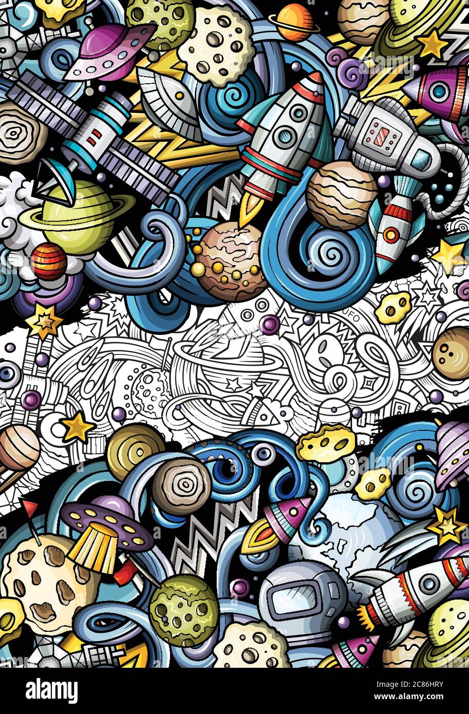 Space hand drawn doodle banner. Cartoon detailed illustrations Stock ...