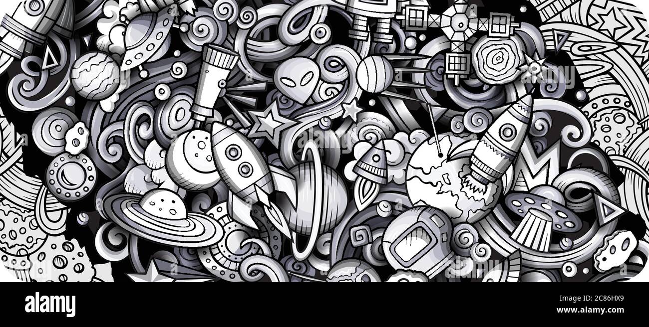 Space hand drawn doodle banner. Cartoon detailed illustrations Stock ...