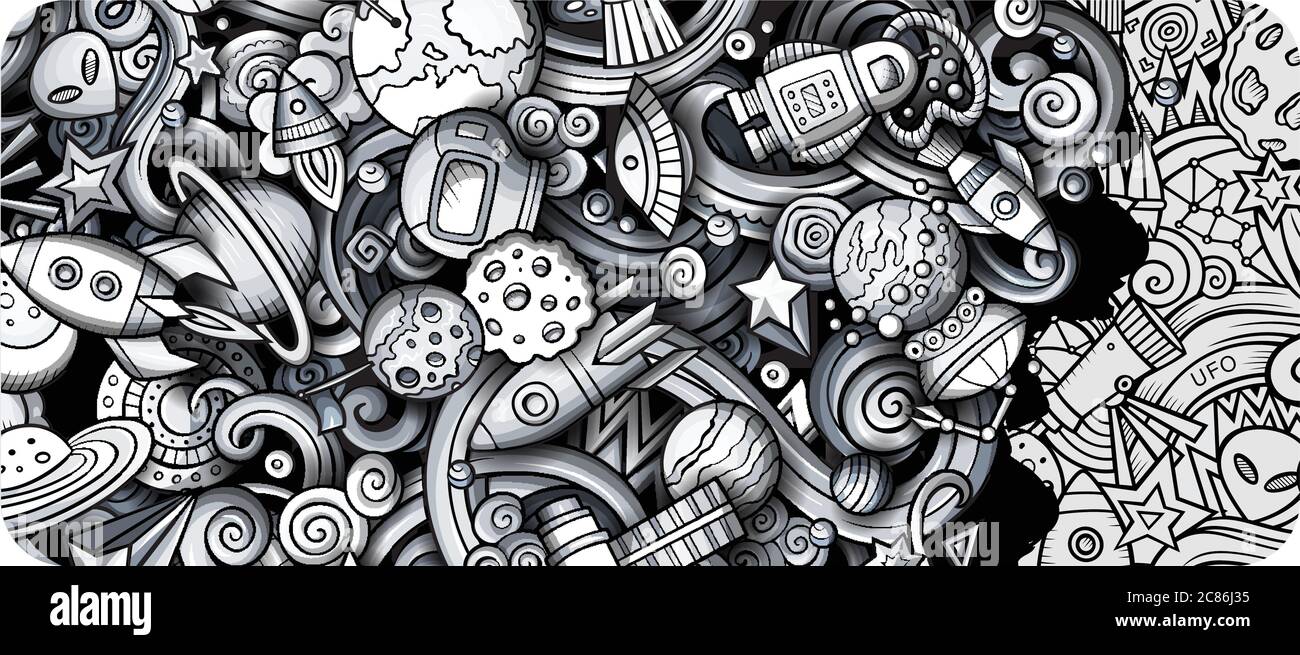 Space hand drawn doodle banner. Cartoon detailed illustrations Stock ...