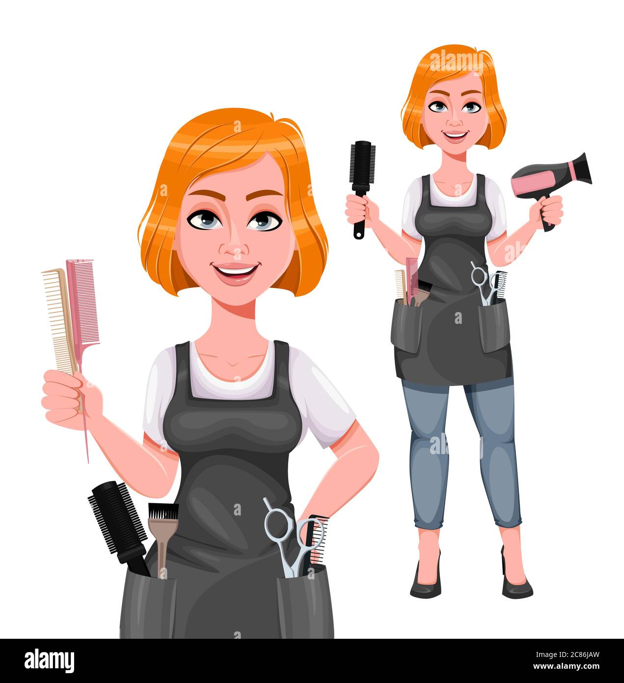 Beautiful redhead girl hairdresser, set of two poses. Cute woman barber. Female hairstylist cartoon character. Vector illustration on white background Stock Vector