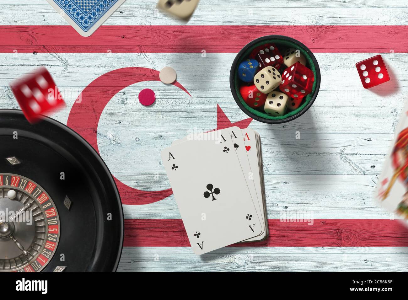 Northern Cyprus casino theme. Aces in poker game, cards and chips on