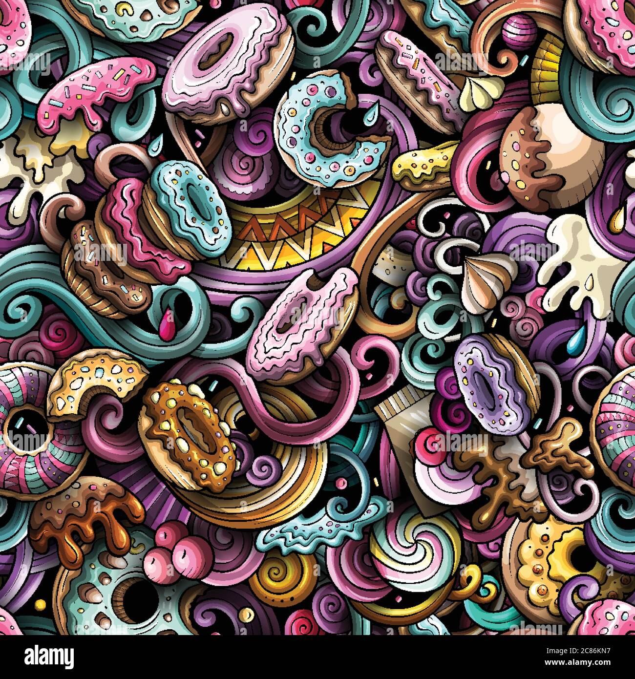 Cartoon cute doodles hand drawn Donuts seamless pattern Stock Vector ...