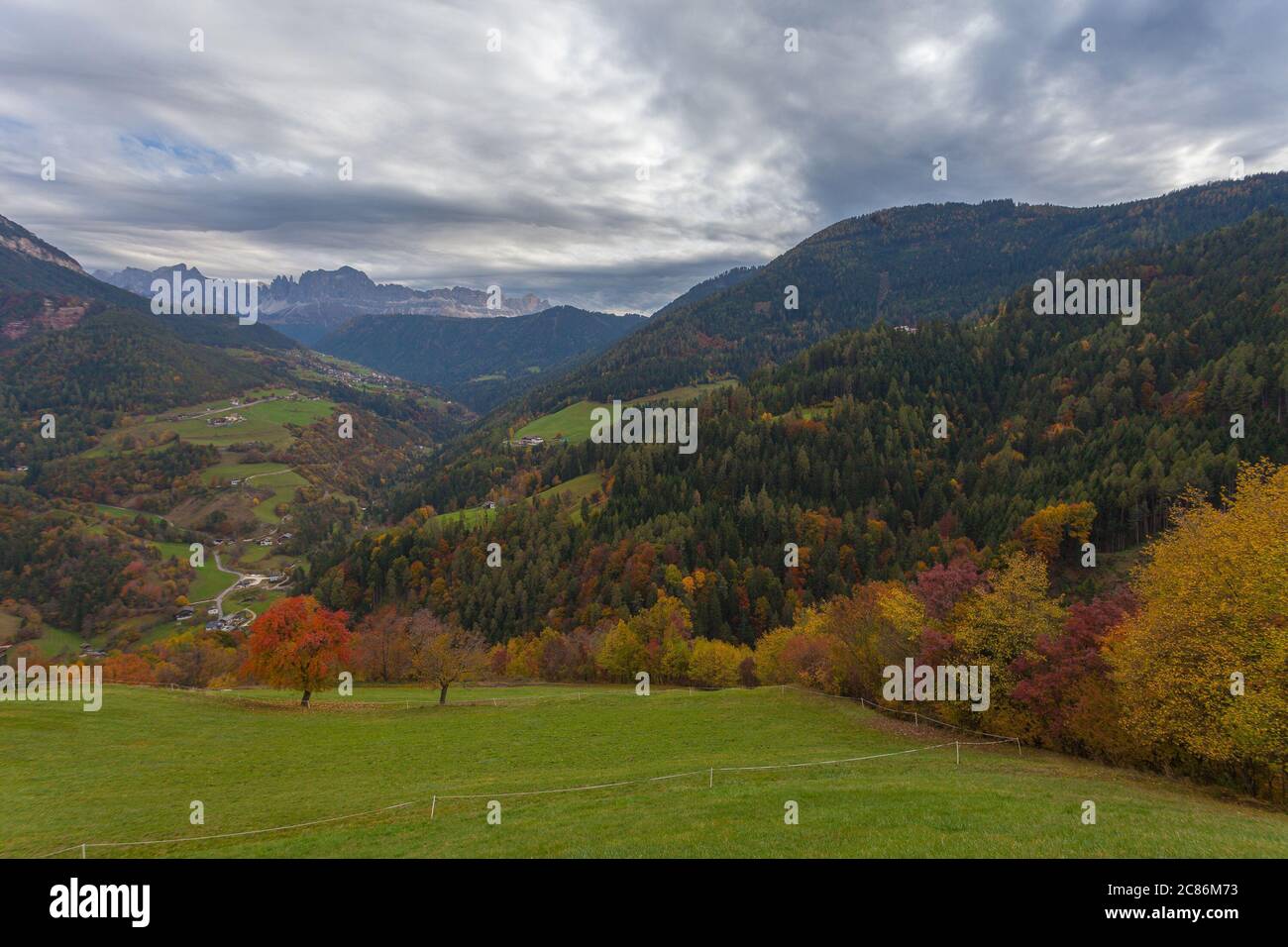 Panorama of the Val di Tires with autumn color in a cloudy day, South Tyrol, Italy. Concept: autumnal Dolomite landscapes Stock Photo