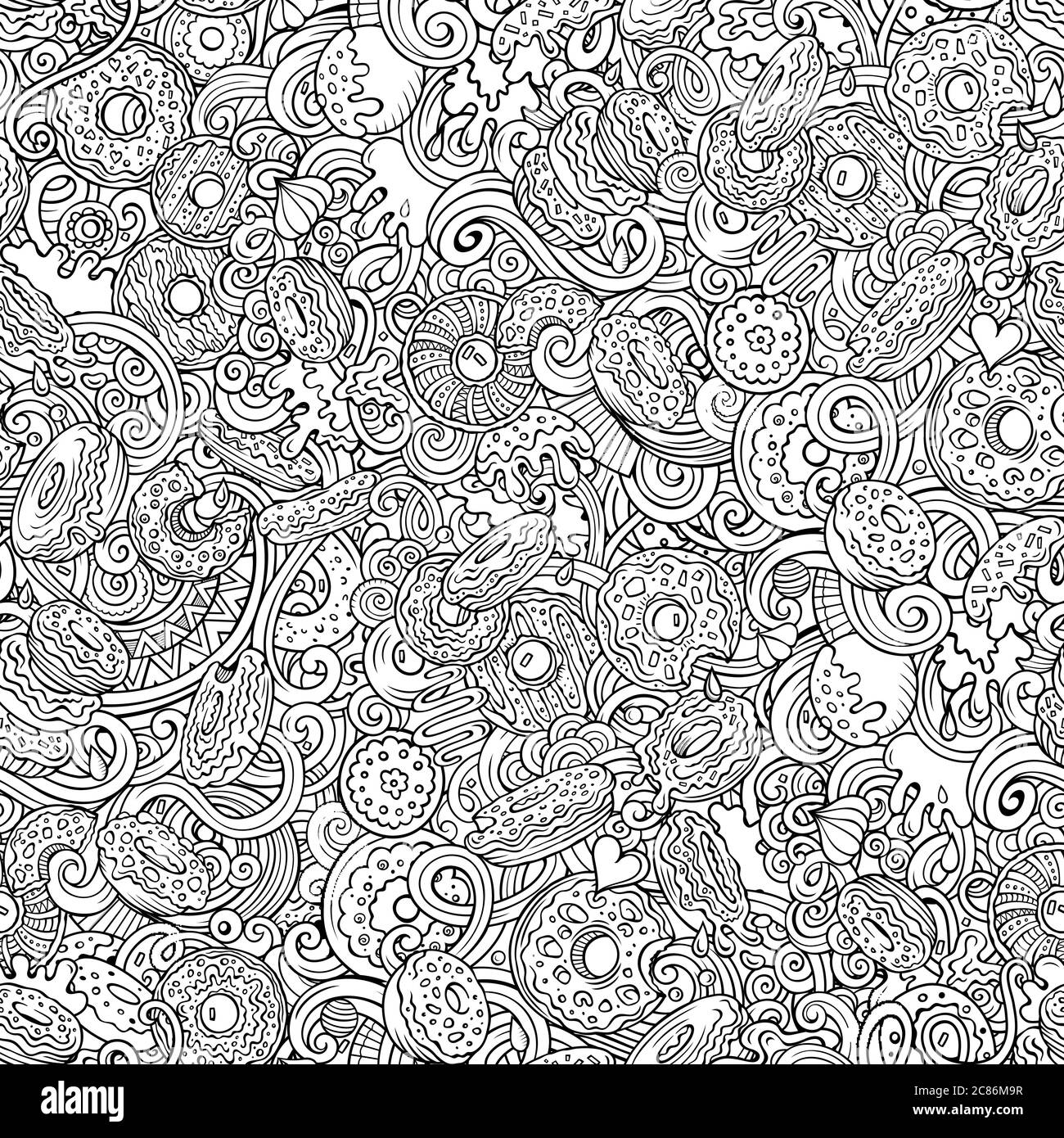 Donuts hand drawn doodles seamless pattern. Sprinkled doughnuts ...