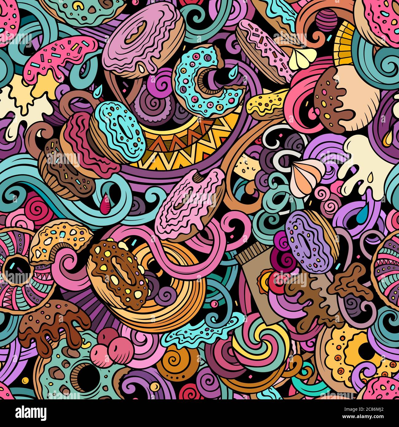 Donuts hand drawn doodles seamless pattern. Sprinkled doughnuts ...
