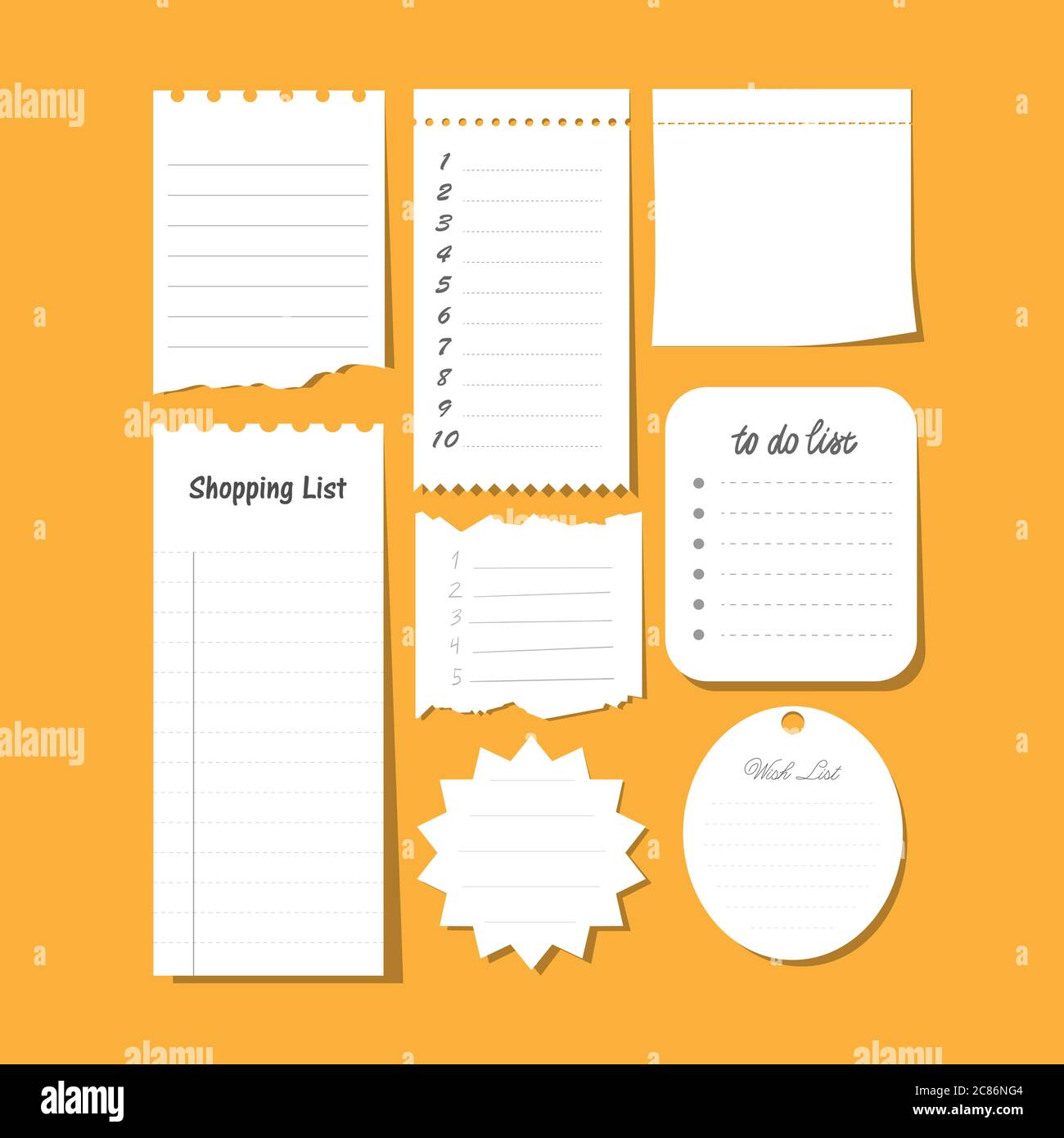 Collection of vector isolated to do list, wish list, blank sticky note paper, etc. Set of paper note with task plan. Stock Vector