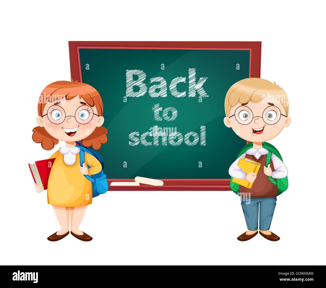 Back To School Cute Schoolgirl And Schoolboy Standing Near Blackboard Funny Girl And Boy Cartoon Characters Vector Illustration On White Background Stock Vector Image Art Alamy