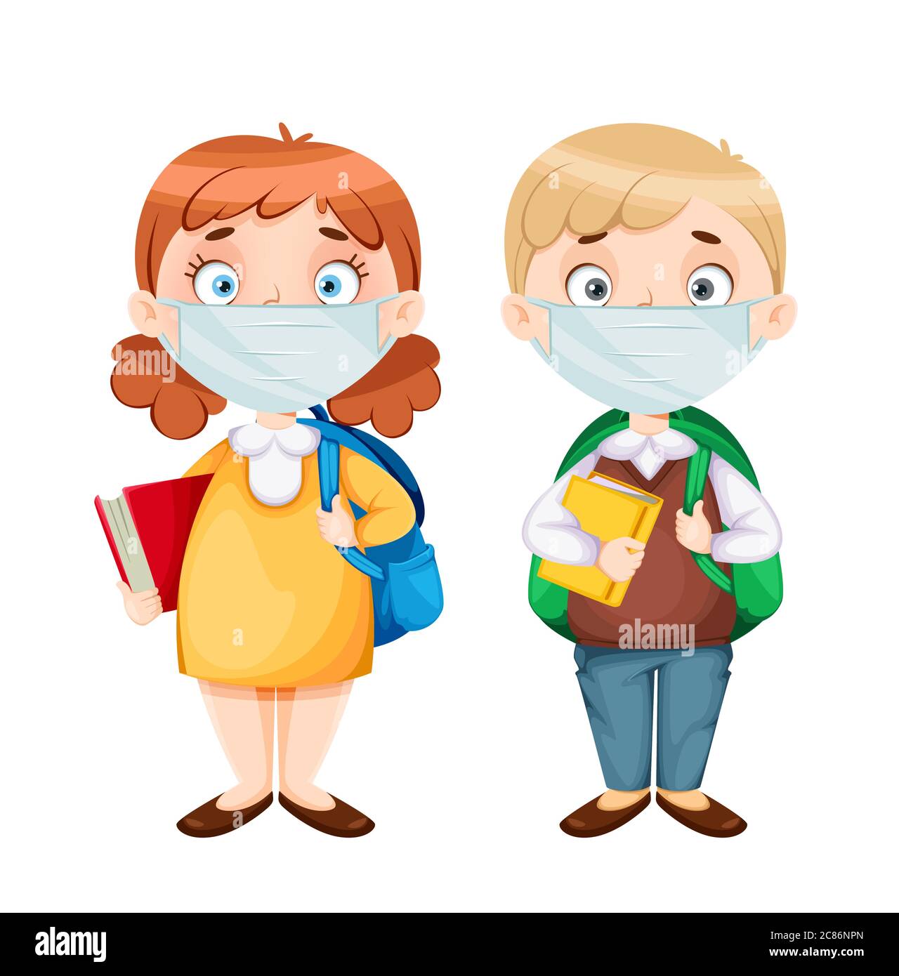 Back To School Cute Schoolgirl And Schoolboy In Medical Masks Funny Girl And Boy Cartoon Characters Vector Illustration On White Background Stock Vector Image Art Alamy