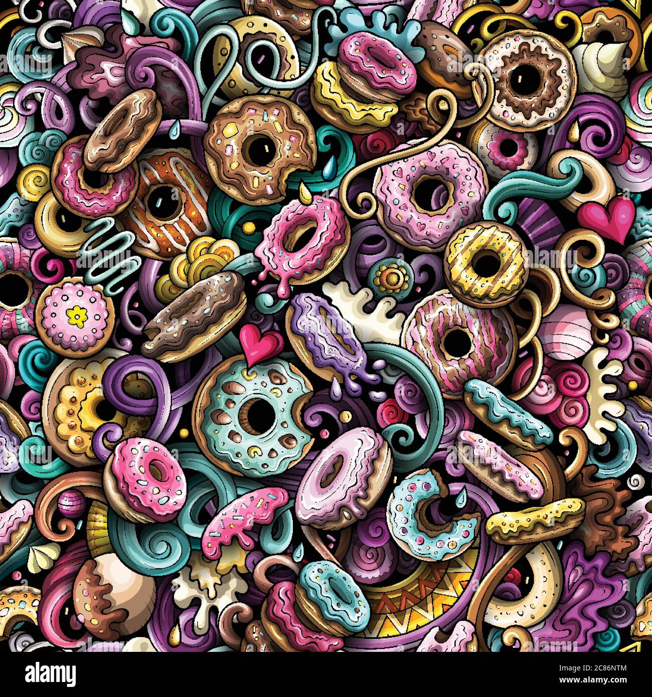 Cartoon cute doodles hand drawn Donuts seamless pattern Stock Vector ...