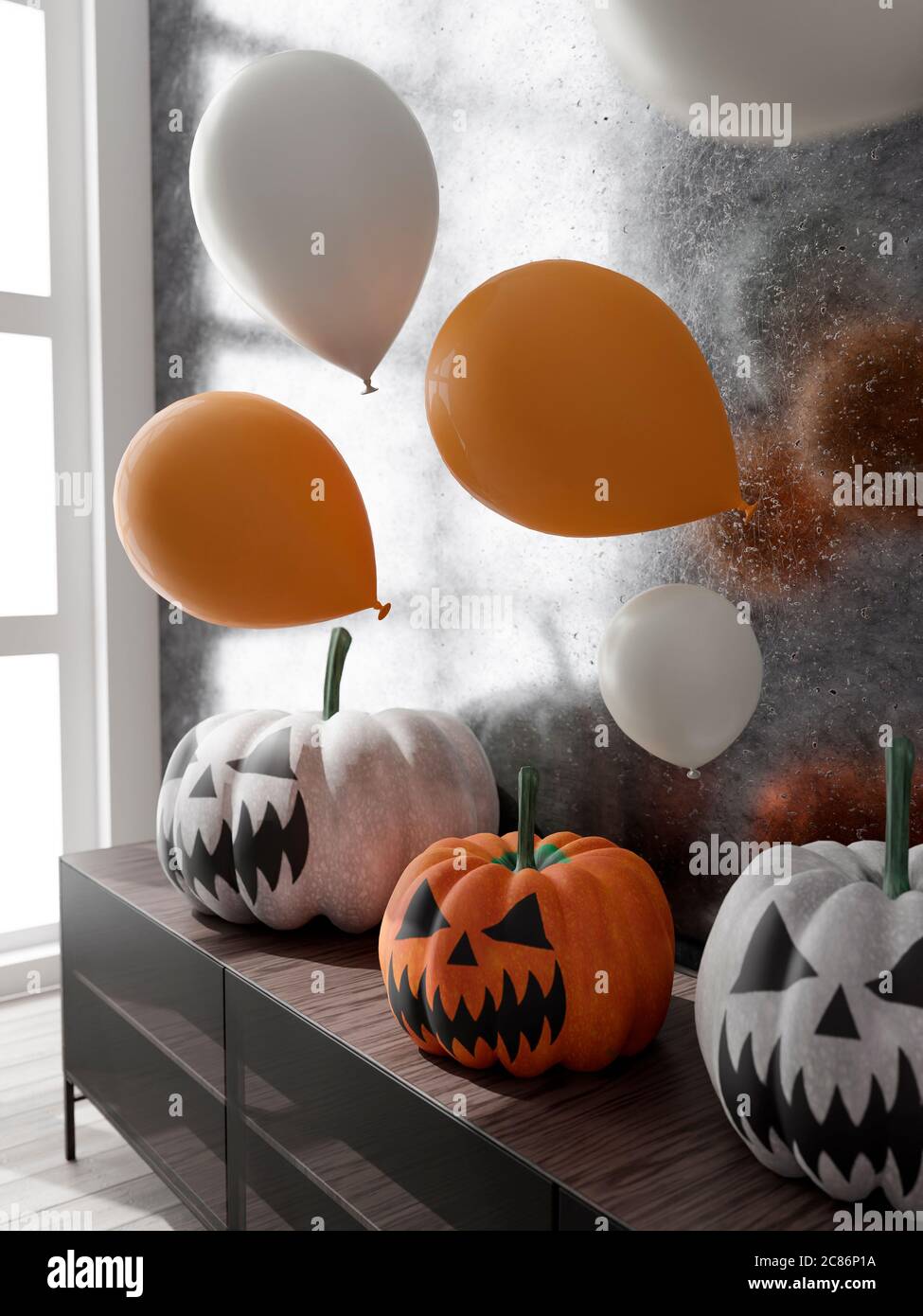 3D illustration of living room Halloween decoration. Pumpkins and balloons. 3D rendering Stock Photo