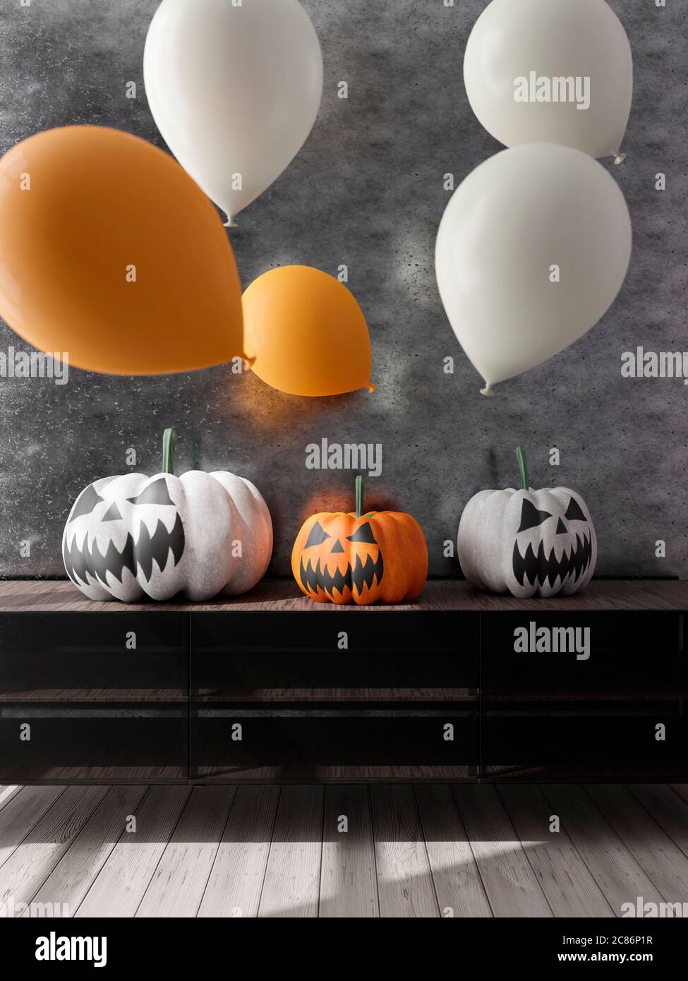 3D illustration of living room Halloween decoration. Pumpkins and balloons. 3D rendering Stock Photo