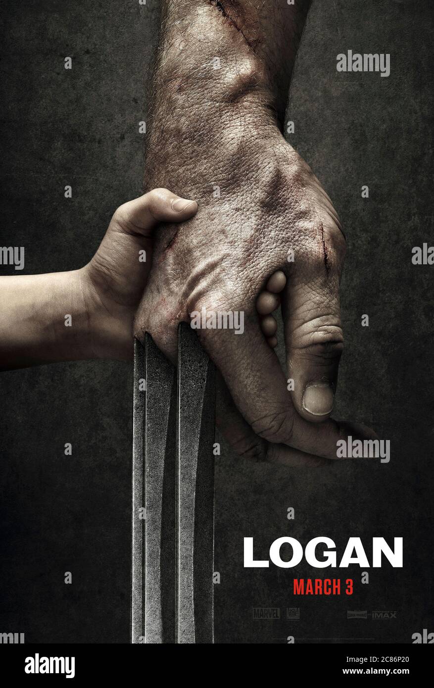 Logan (2017) directed by James Mangold and starring  Hugh Jackman, Patrick Stewart, Dafne Keen and Elizabeth Rodriguez. A retired Wolverine is forced out of retirement to assist a powerful girl mutant made with his DNA. Stock Photo