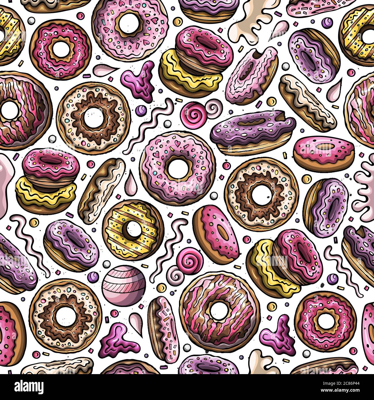 Cartoon hand-drawn donuts seamless pattern. Perfect funny vector ...