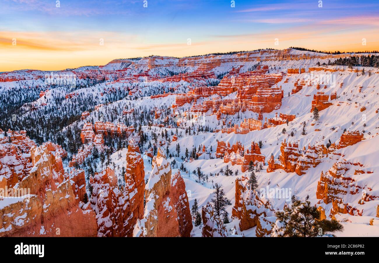 Winter Bryce Canyon Sunset, Utah, USA. Stock Photo