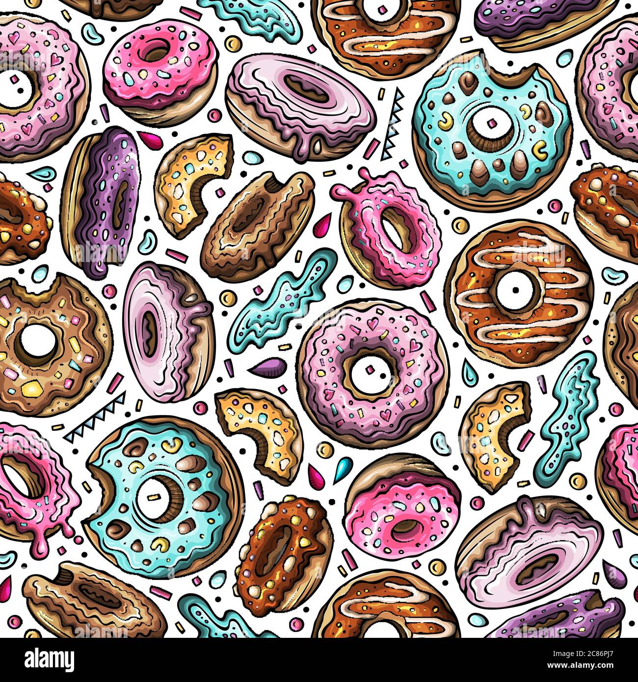 Cartoon hand-drawn donuts seamless pattern. Perfect funny vector ...