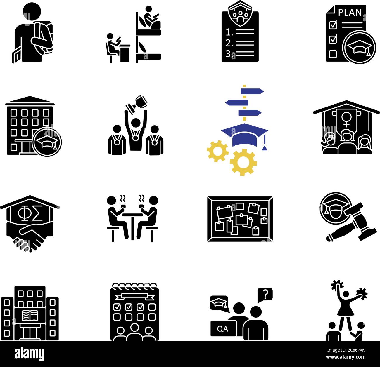 Campus life black glyph icons set on white space. University and college.  Freshman. Student life and activities. Cheerleading and sports team.  Silhoue Stock Vector Image & Art - Alamy