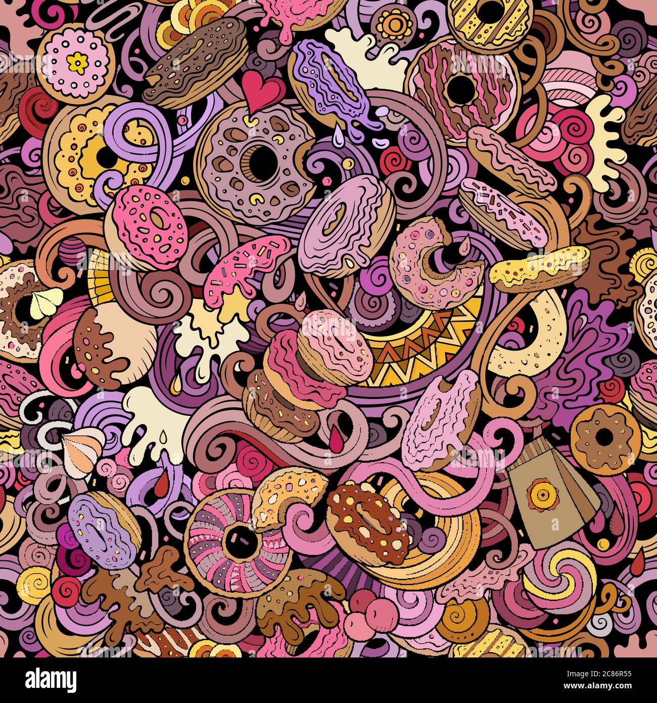 Donuts hand drawn doodles seamless pattern. Sprinkled doughnuts ...