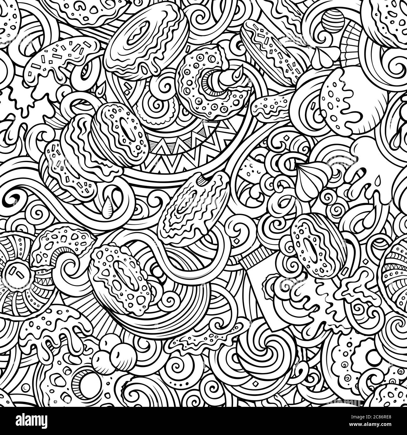 Donuts hand drawn doodles seamless pattern. Sprinkled doughnuts ...
