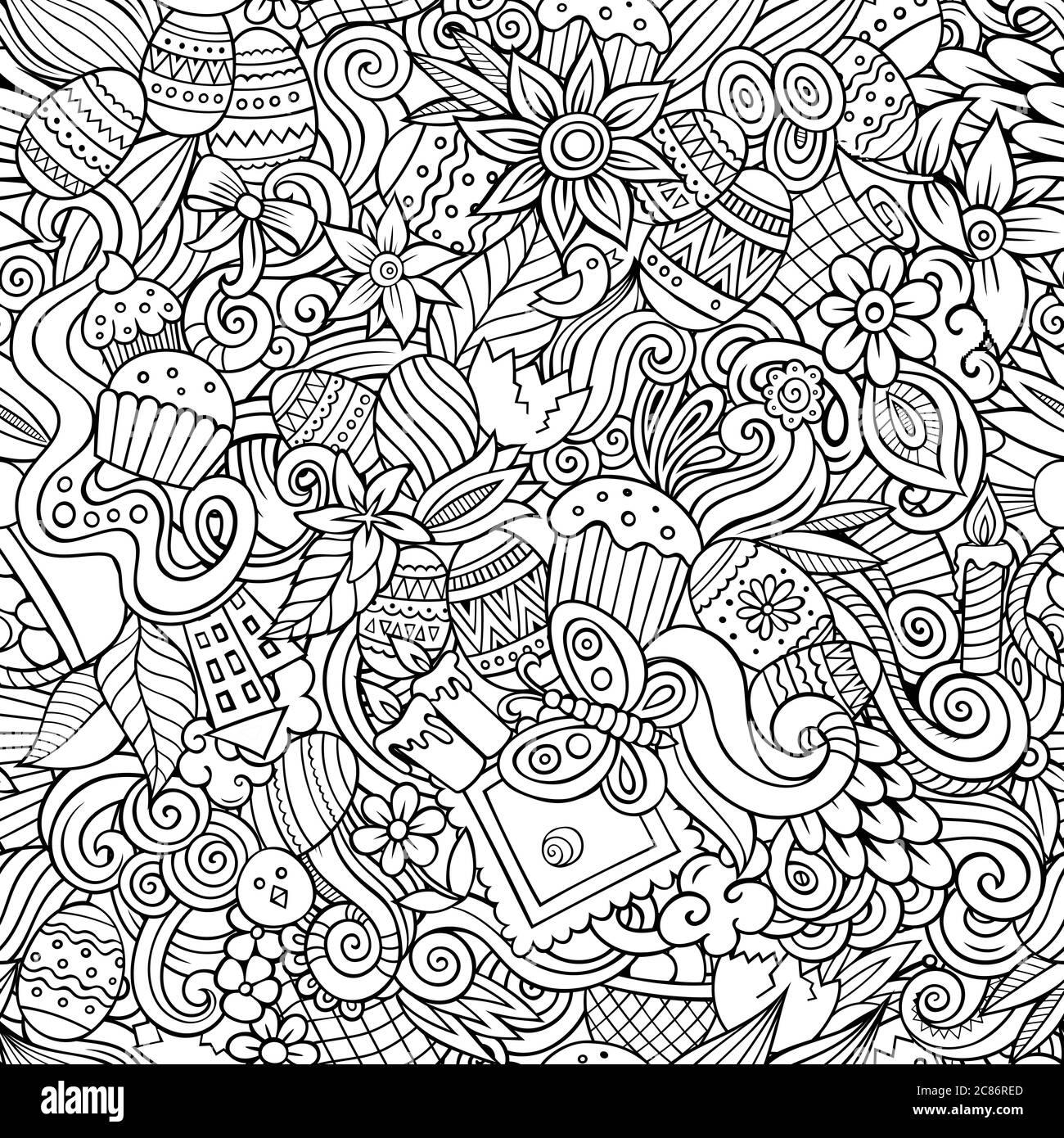 Cartoon cute doodles hand drawn Happy Easter seamless pattern Stock ...