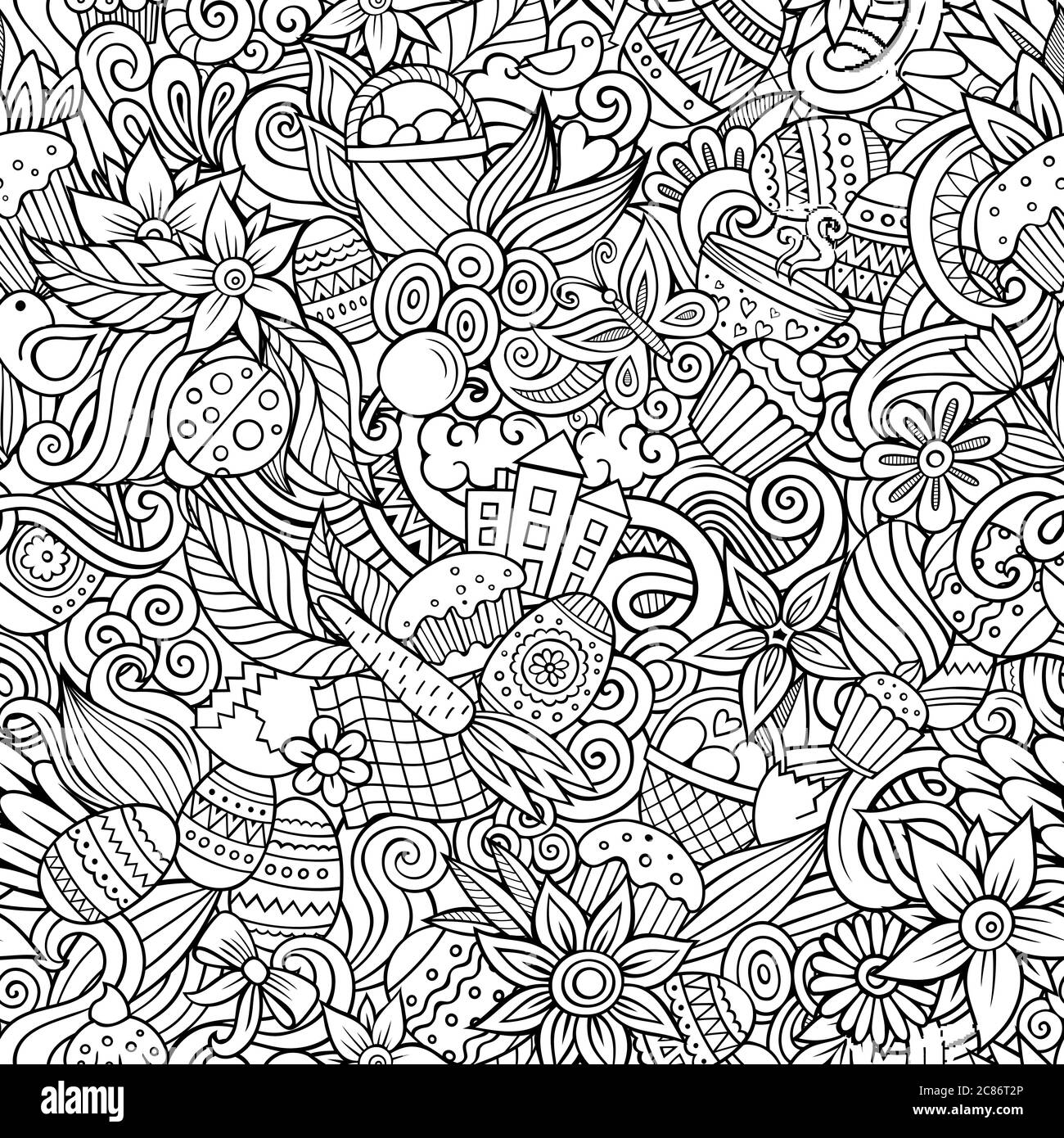 Cartoon cute doodles hand drawn Happy Easter seamless pattern Stock ...