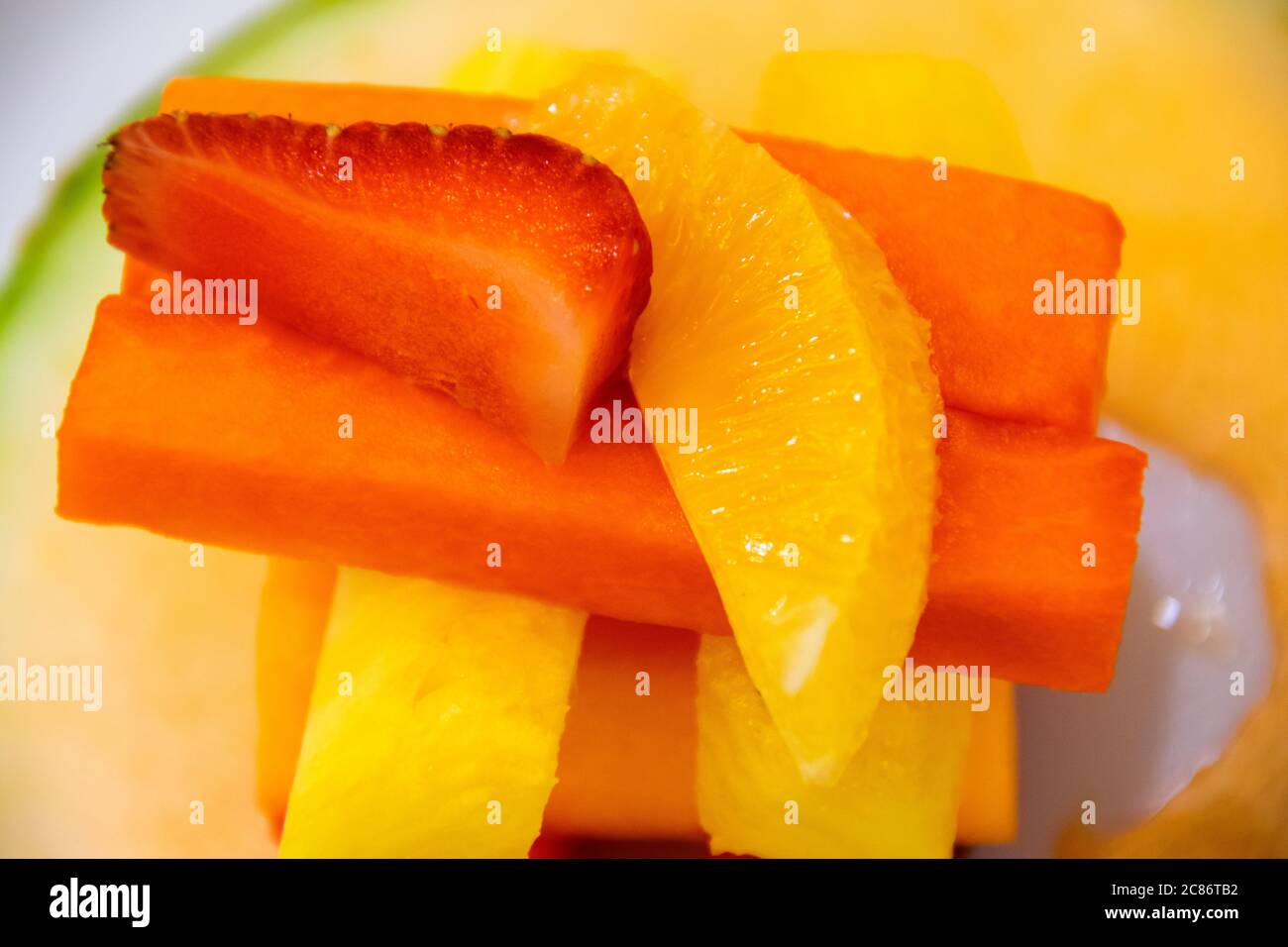 Fresh fruit in portions, tropical breakfast in Guatemala hotel, fresh and natural. Stock Photo