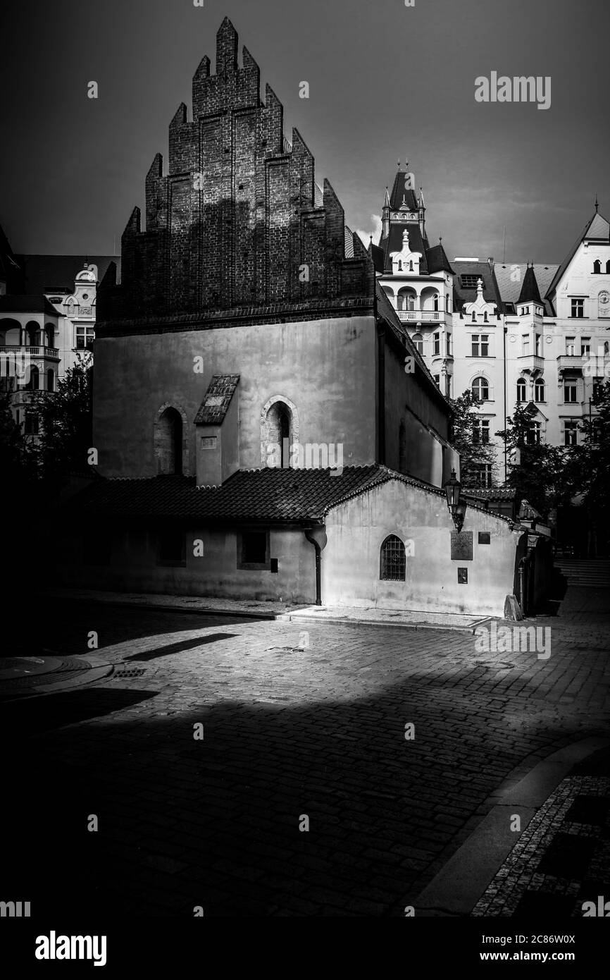 Black and white Picturesque narrow streets of the Old Town of Prague, Czech Republic Stock Photo
