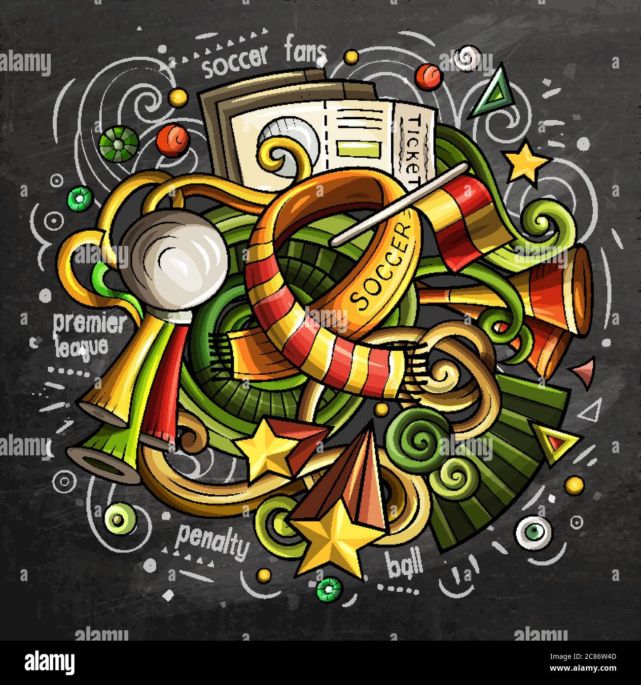 Soccer cartoon vector doodle illustration. Chalkboard design Stock