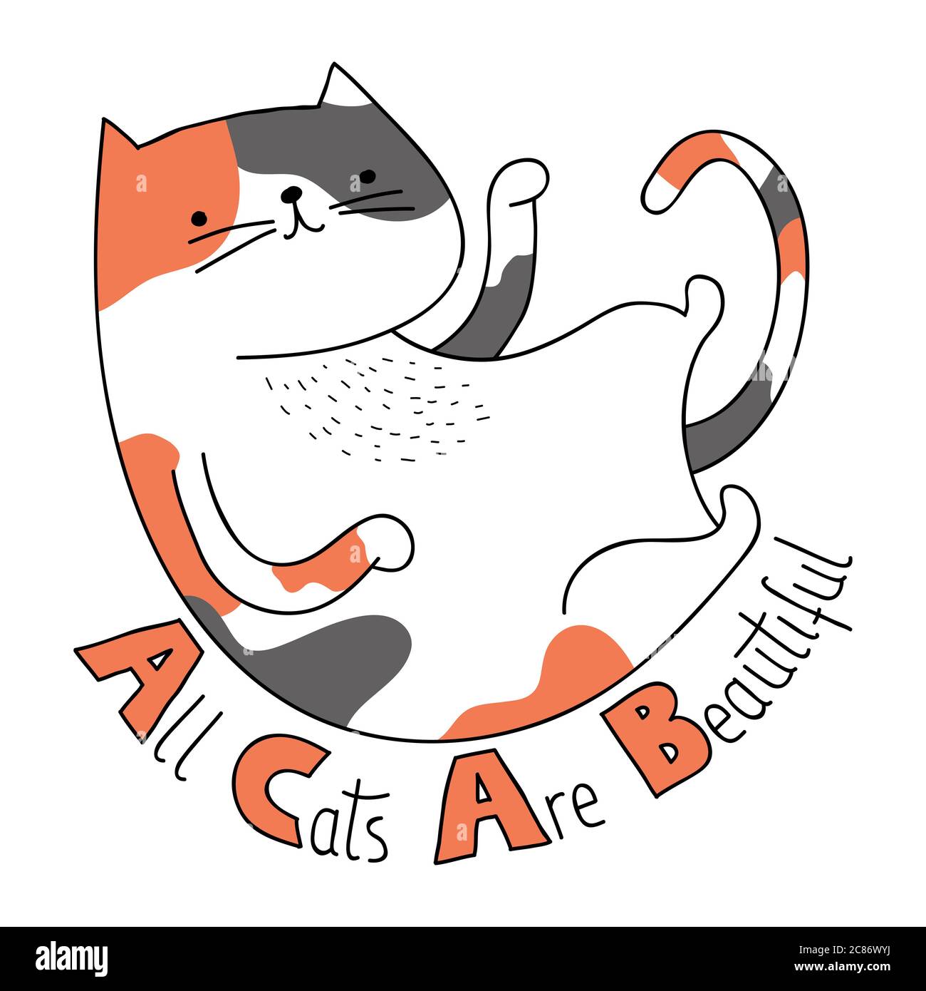 Cute calico cat illustration with handwritten All Cats Are Beautiful