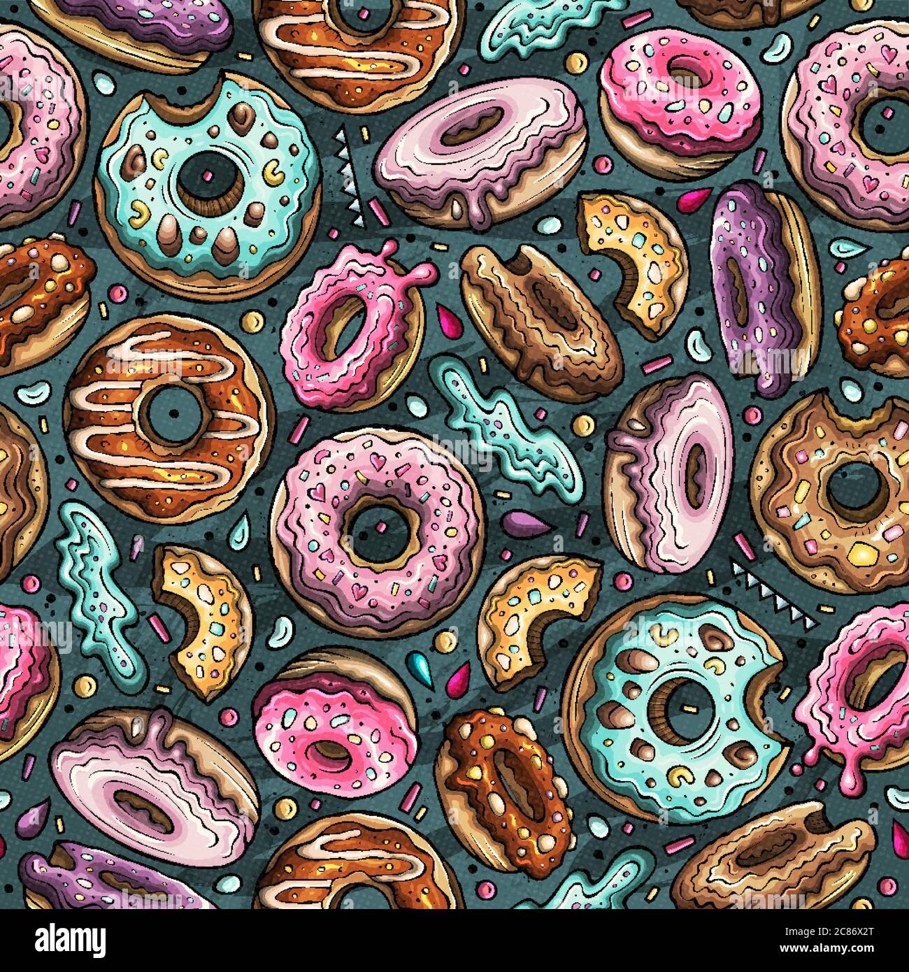 Cartoon hand-drawn donuts seamless pattern. Perfect funny vector ...