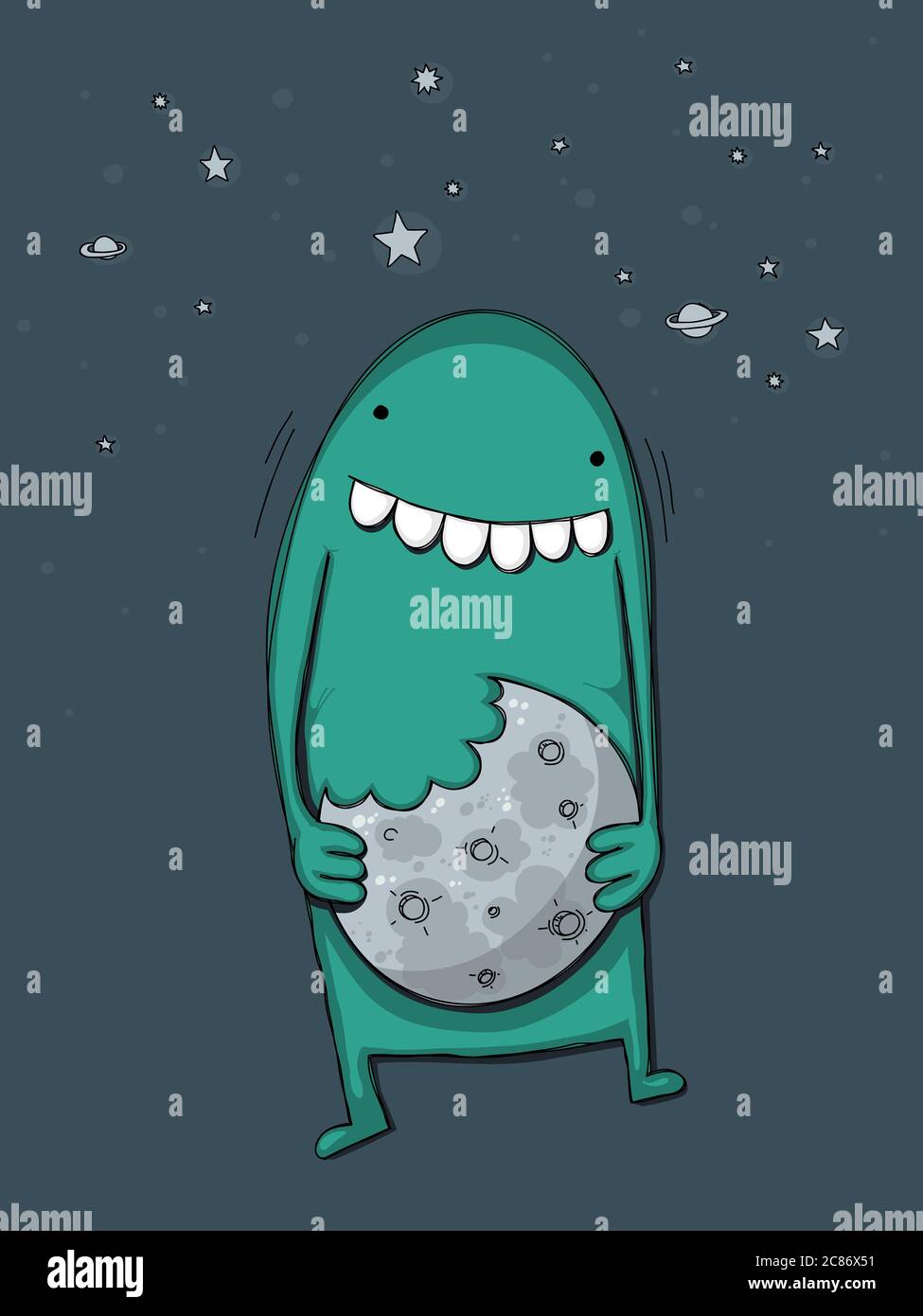 Cute cartoon monster mistaking the moon for a cookie Stock Photo