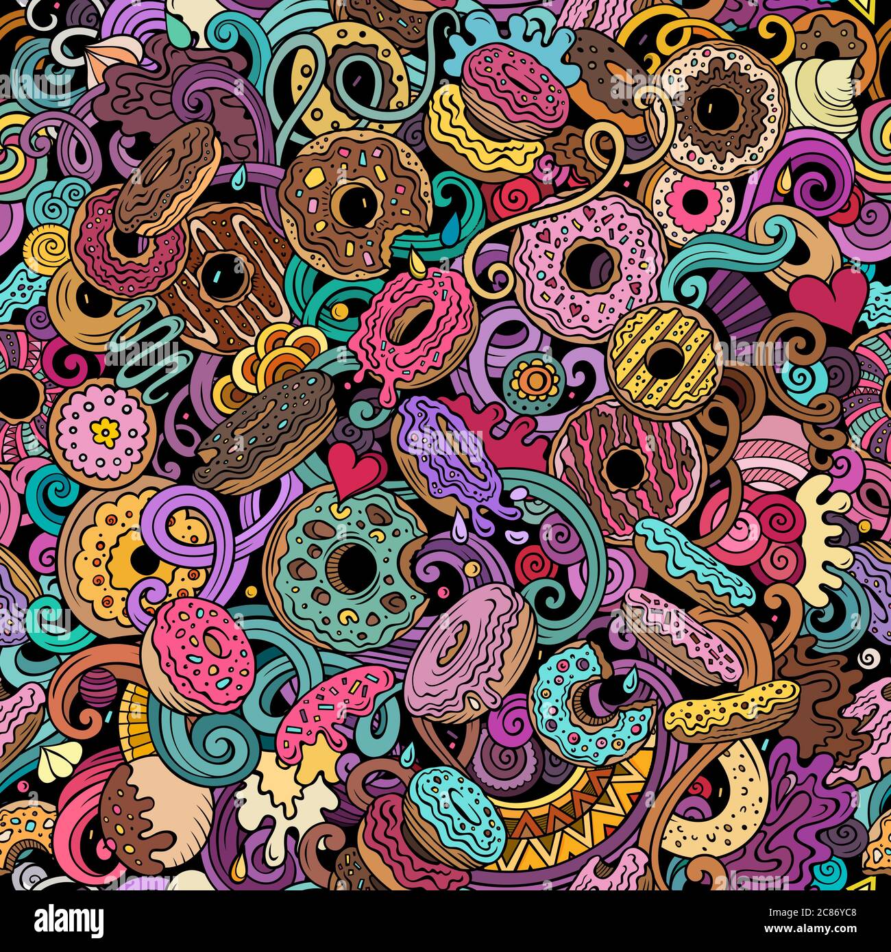 Donuts hand drawn doodles seamless pattern. Sprinkled doughnuts ...