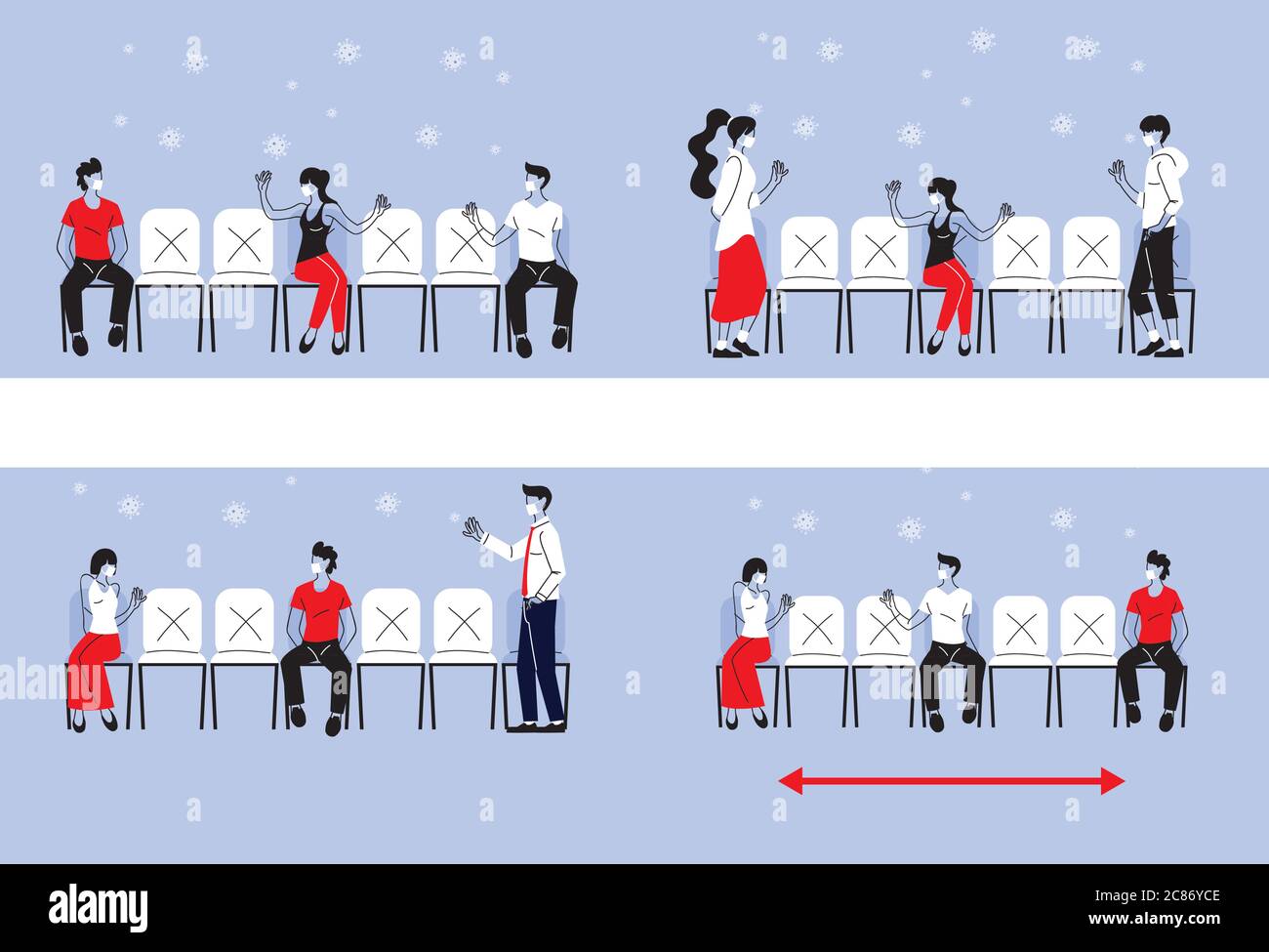 Social distancing between women and men with masks on chairs design of ...