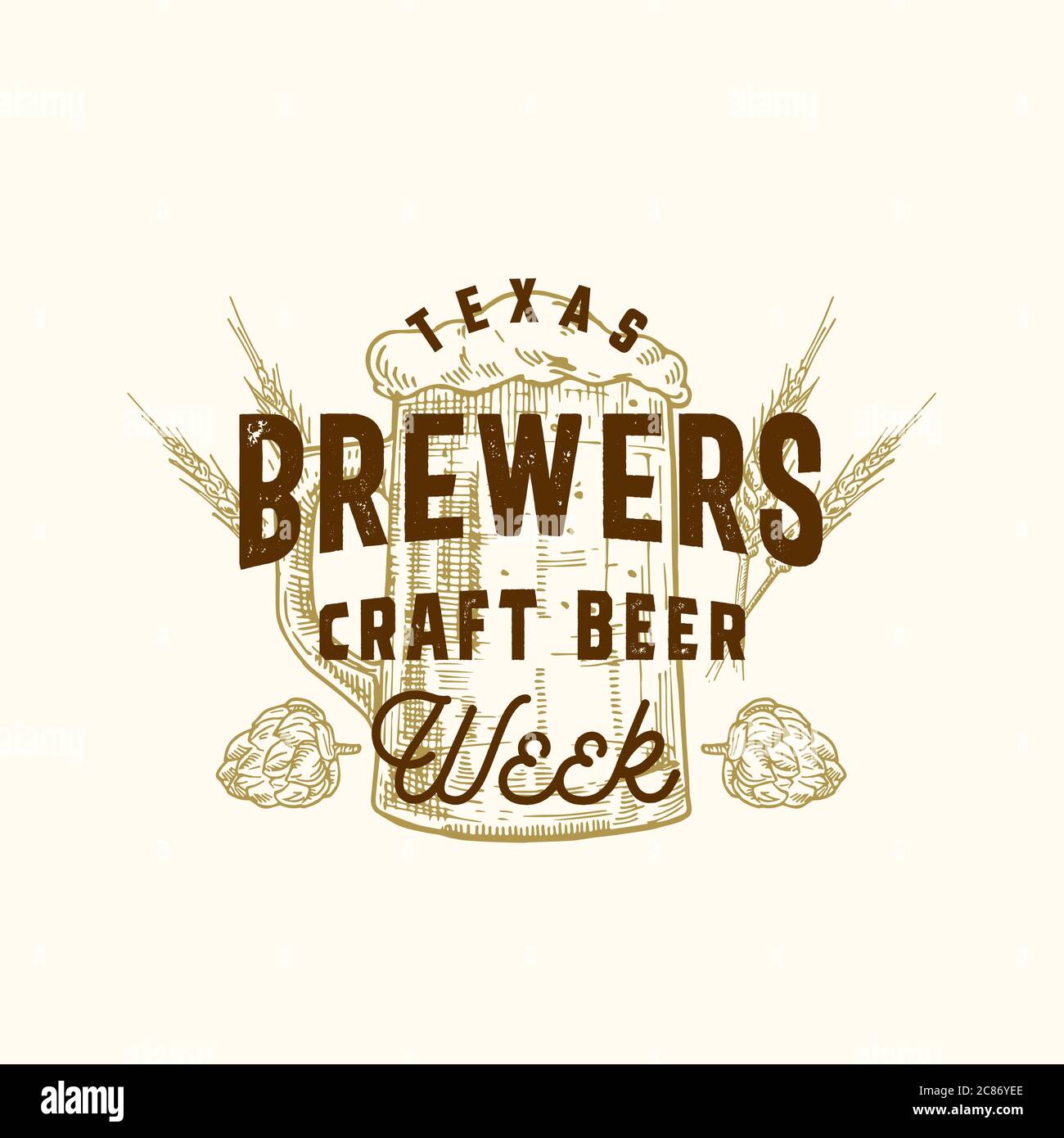Brewers Craft Beer Week Abstract Vector Sign, Symbol or Logo Template. Hand Drawn Hops and Mug with Classic Typography. Vintage Beer Emblem or Label. Stock Vector