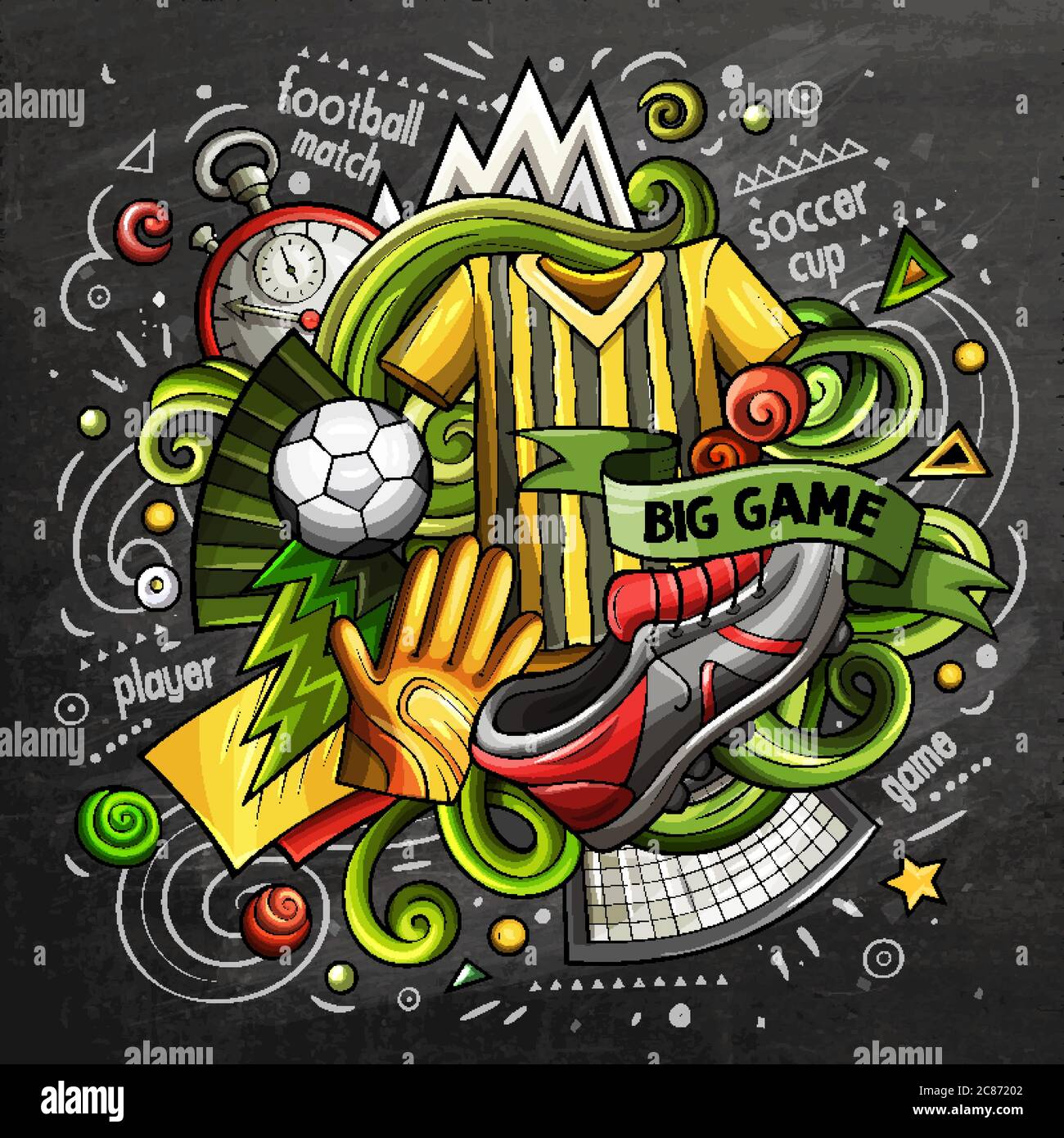 Soccer cartoon vector doodle illustration. Chalkboard design Stock