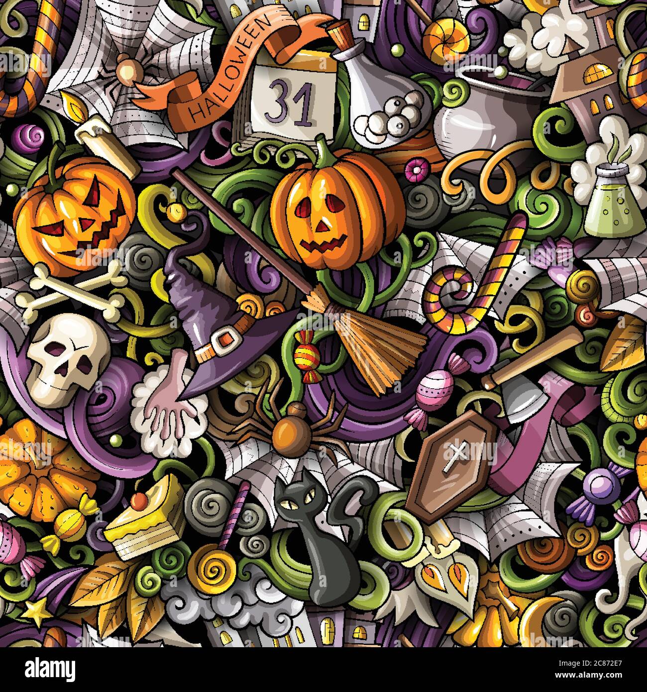 Cartoon cute doodles hand drawn Halloween seamless pattern Stock Vector ...