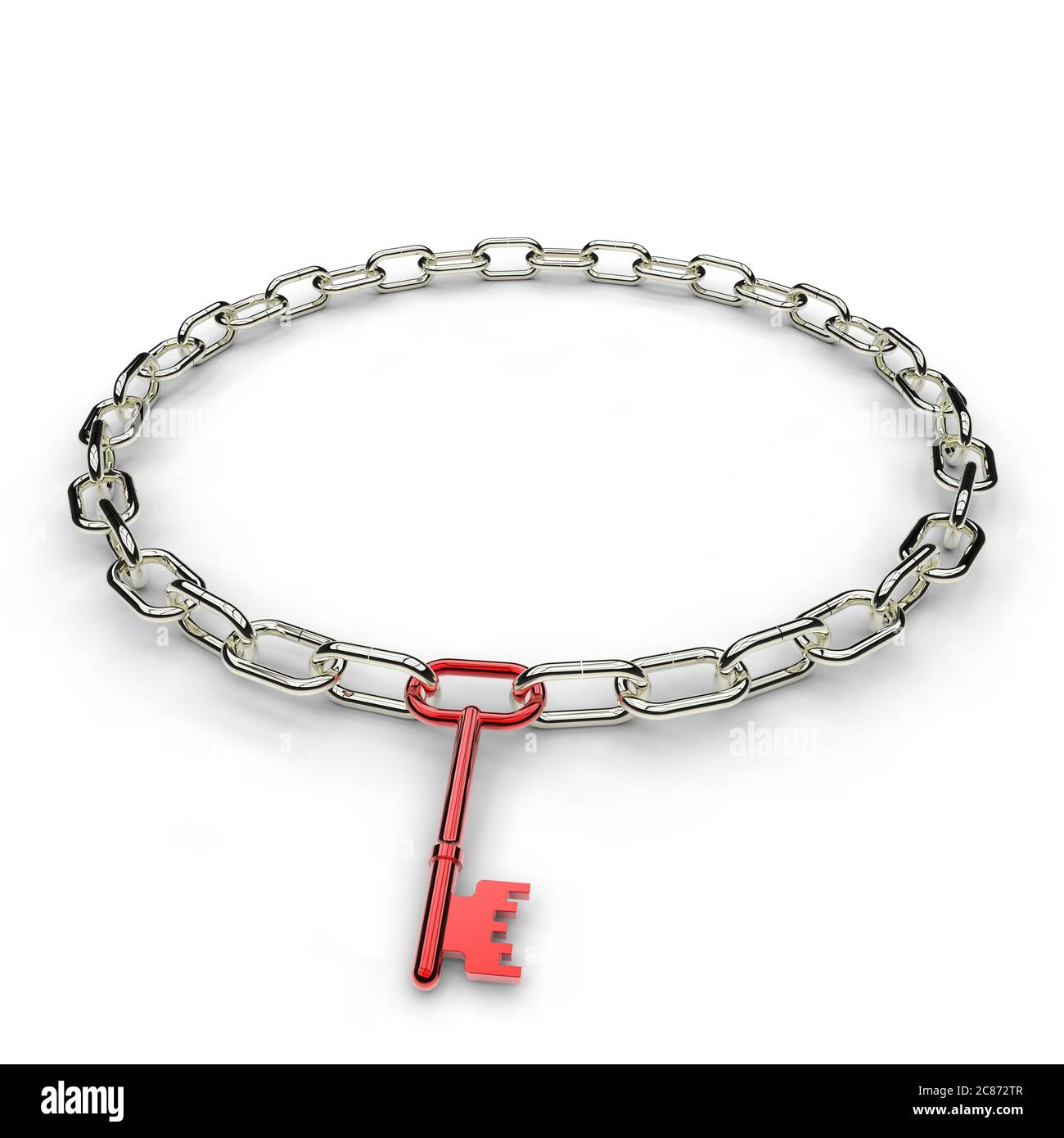 Red key link in a silver circular chain on a white background Stock Photo