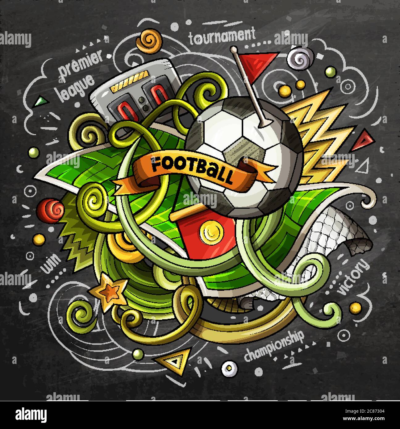 Soccer cartoon vector doodle illustration. Chalkboard design Stock
