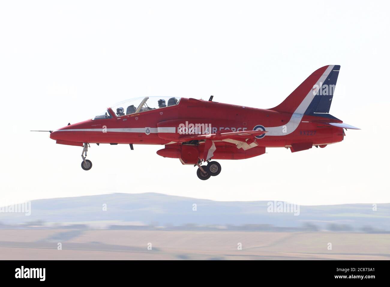 XX227, a BAe Hawk T1 of the Royal Air Force aerobatic display team, the Red Arrows, at RAF Leuchars in 2013. Stock Photo