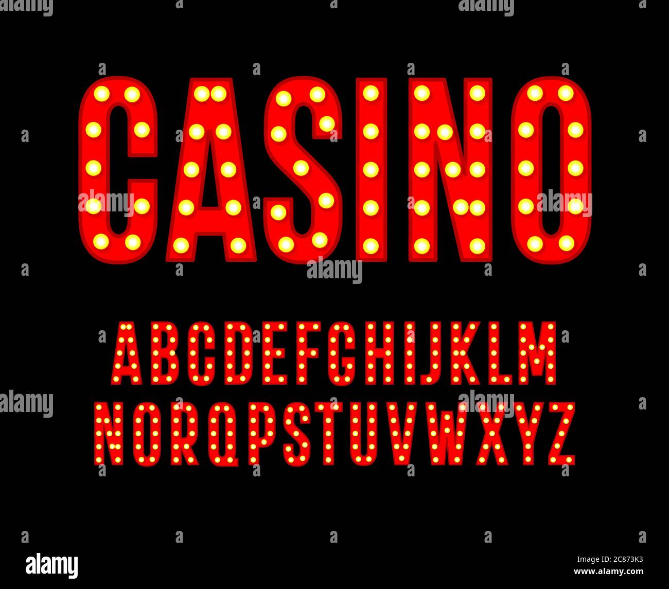 Red letters with light bulbs. Tall and narrow alphabet. Font for cinema casino poster, carnival and festival decoration, gambling night club logos Stock Vector