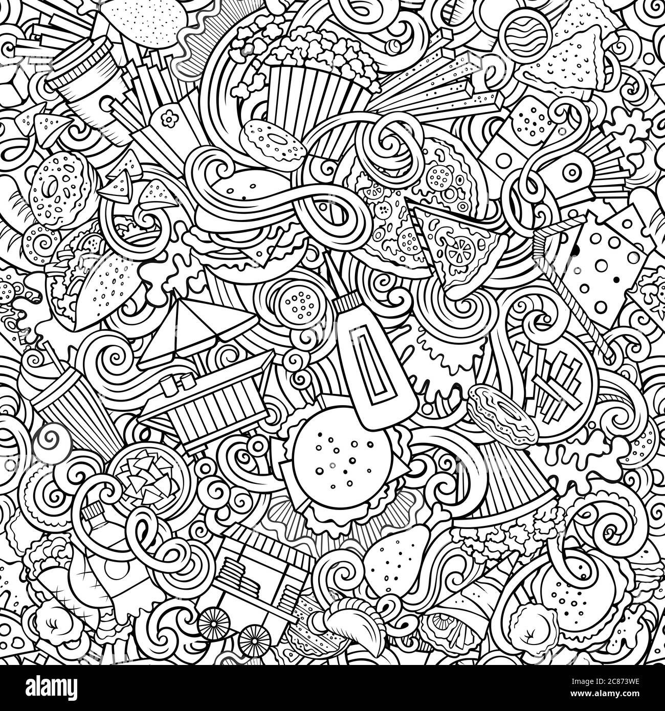 Fastfood hand drawn doodles seamless pattern. Fast food background ...