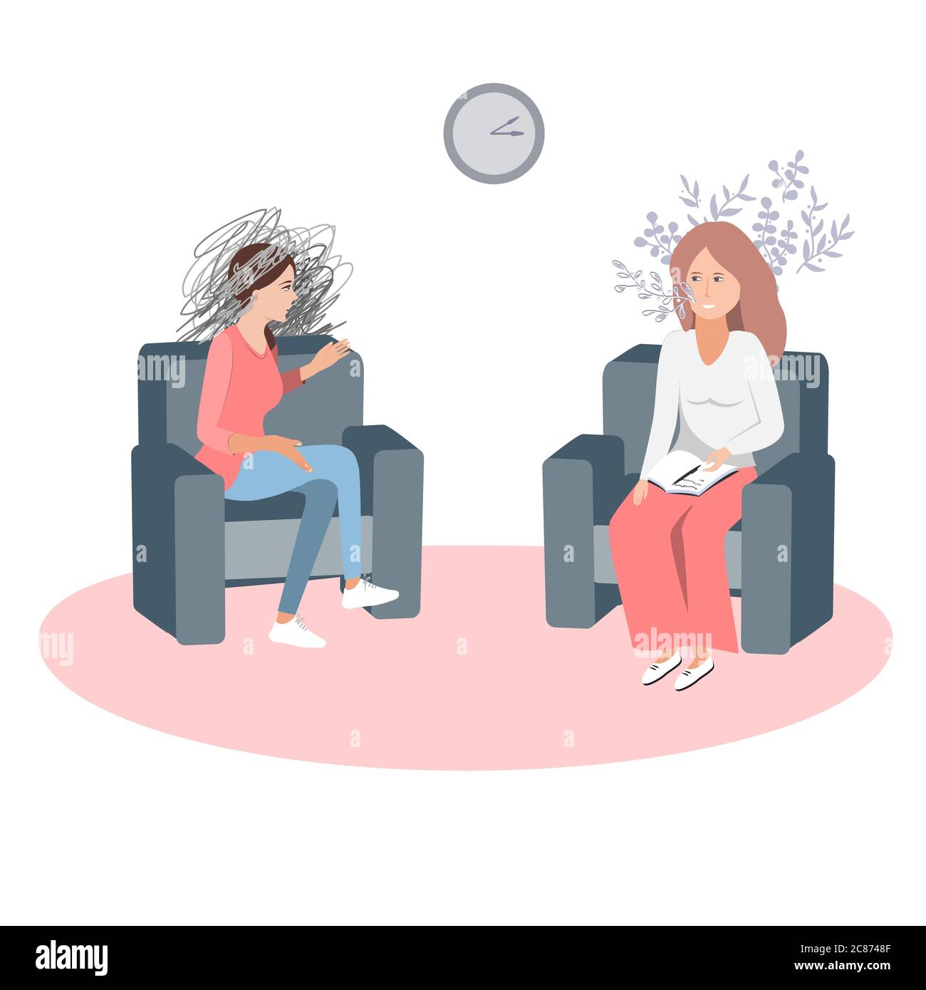 Gestalt psychotherapy session vector illustration. Woman psychologist and talking woman patient. Work with feelings and emotions, society psychiatry Stock Vector