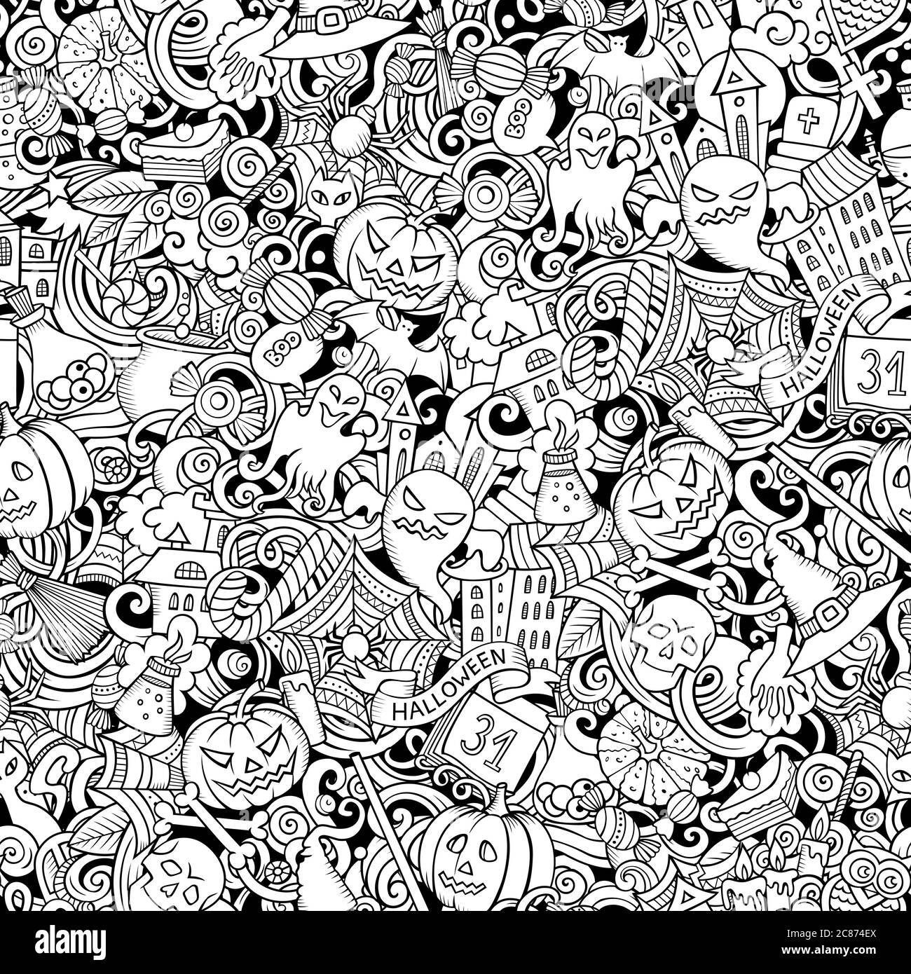 Cartoon cute doodles hand drawn Halloween seamless pattern Stock Vector ...