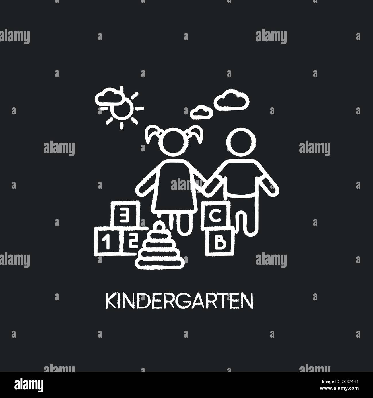 Kindergarten chalk white icon on black background. Day care center ...