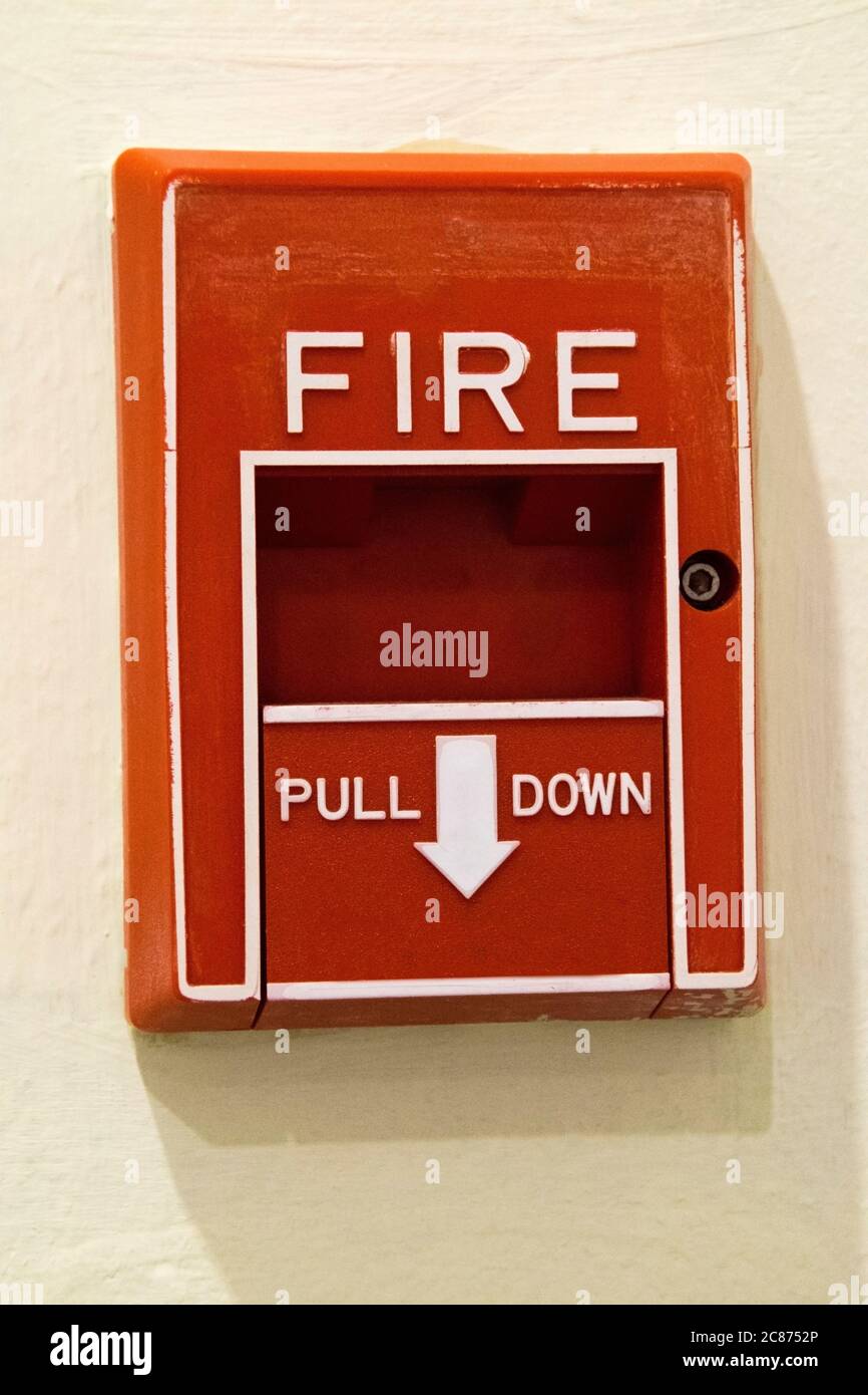 Fire alarm inside the building in Latin America, texts in English