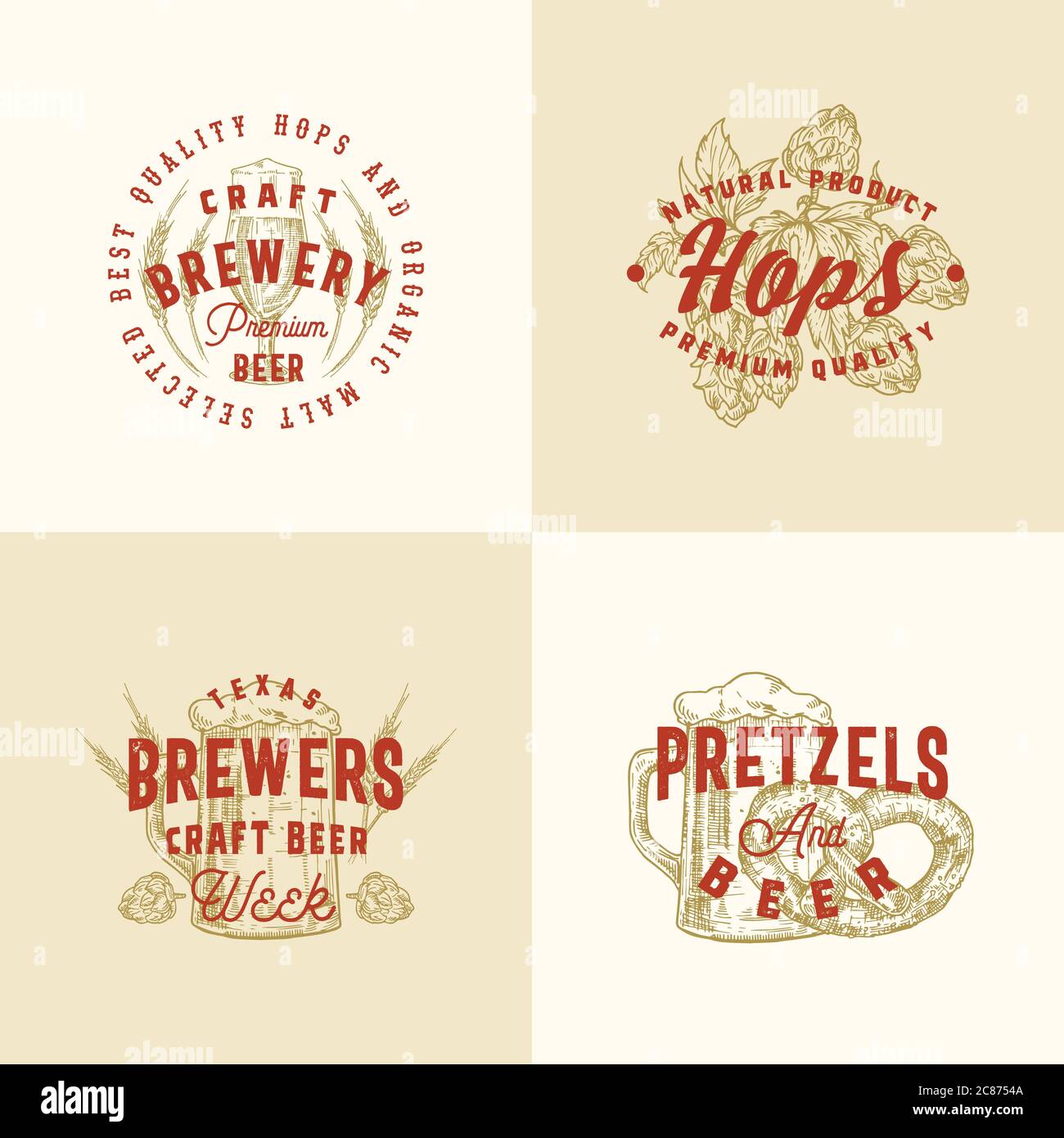 Brewery Premium Abstract Vector Signs, Symbols or Logo Templates Set. Hand Drawn Retro Glasses, Hops, Pretzel and Wheat with Classic Typography Stock Vector