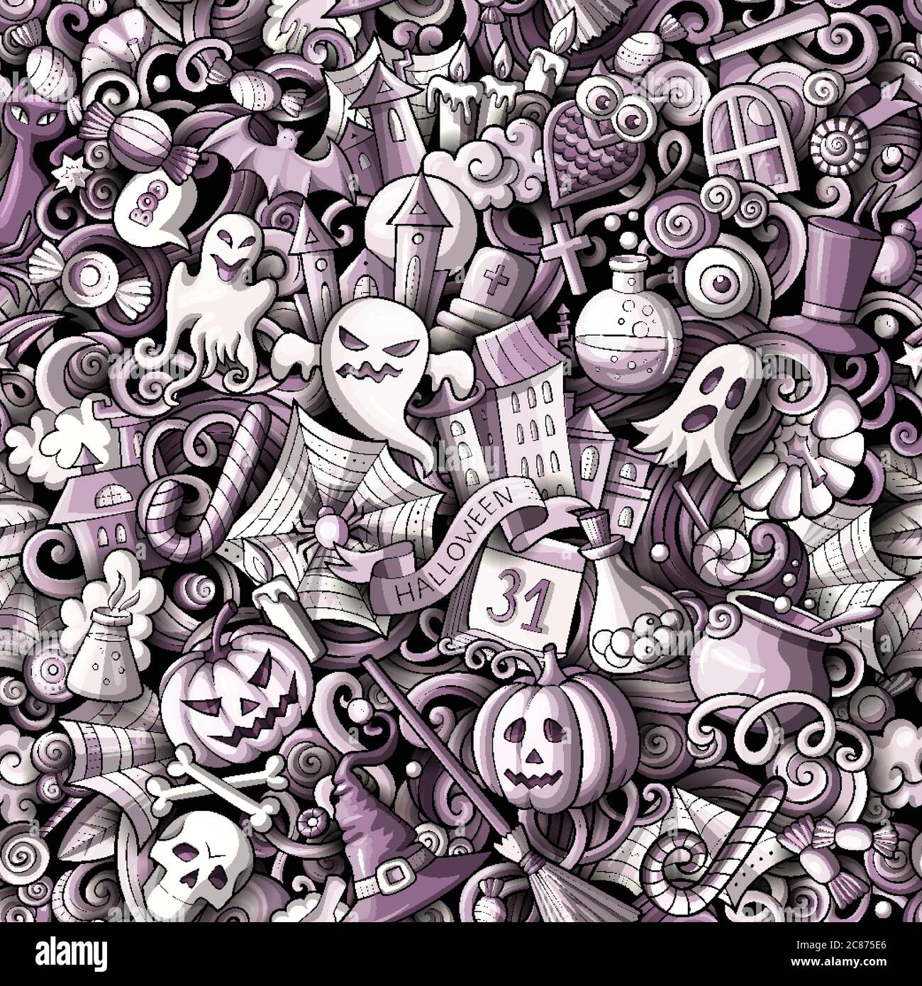Cartoon cute doodles hand drawn Halloween seamless pattern Stock Vector ...