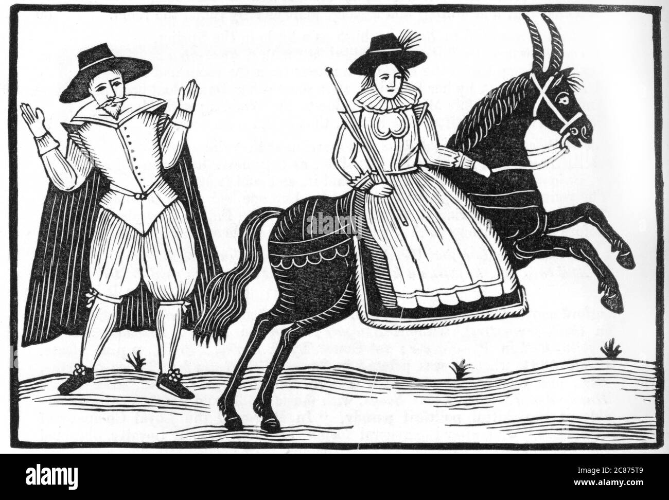 A lady riding sidesaddle causes a gentleman to raise his hands - but whether at her riding skills, her beauty or her recklessness, who knows ? Date: circa 1660 Stock Photo