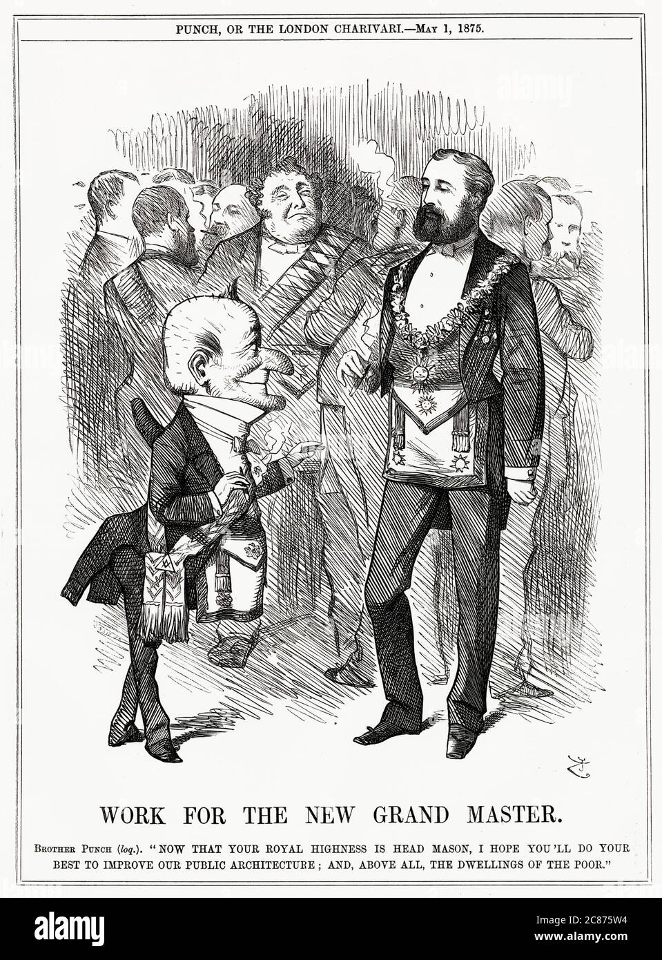 Cartoon, EDWARD, Prince of Wales, as Masonic Grand Master - Mr Punch hopes for an improvement to public architecture, especially the dwellings of the poor. Stock Photo